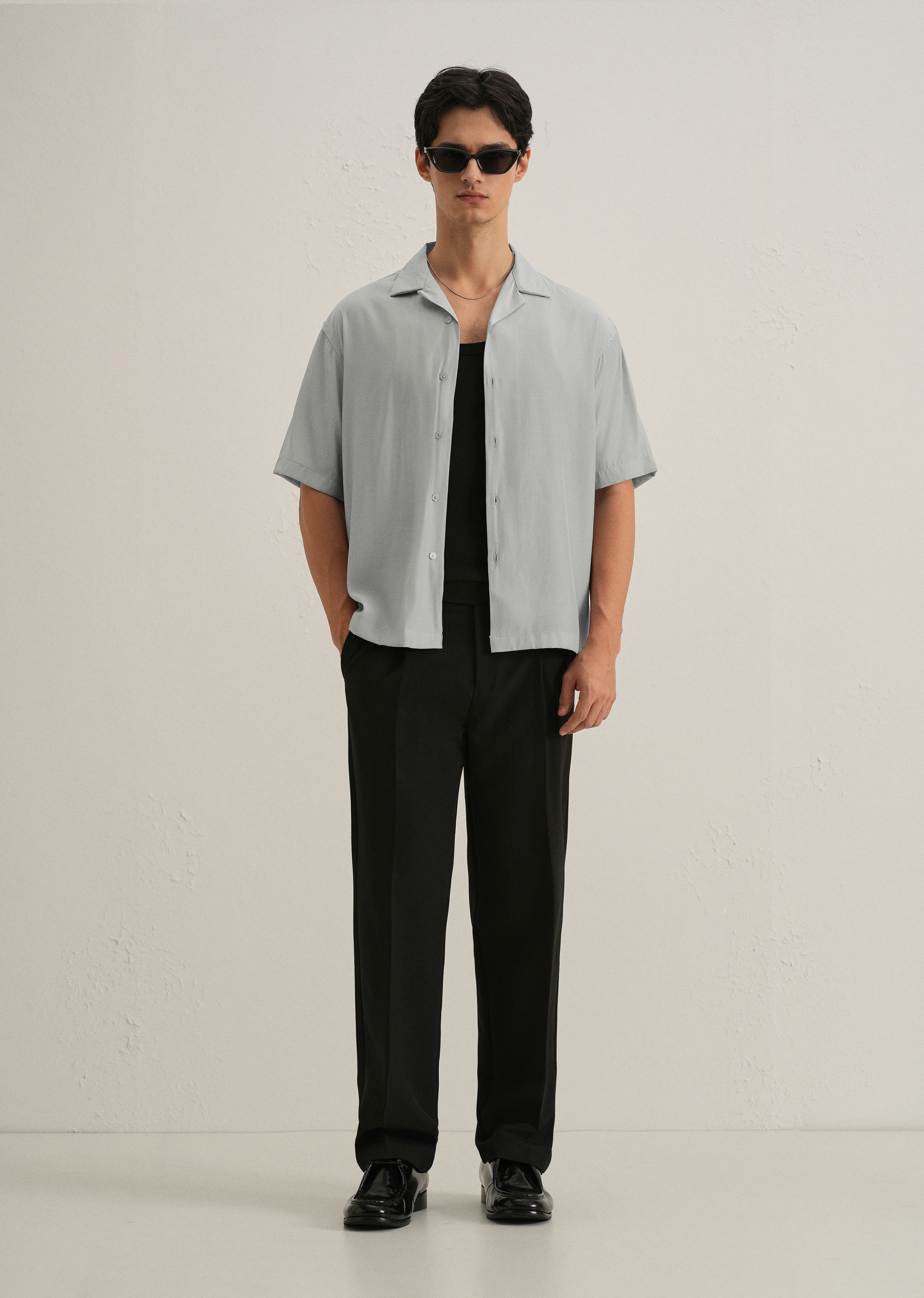 Shadow Grey Plain Sheen Cuban Collar Shirt - Image 6