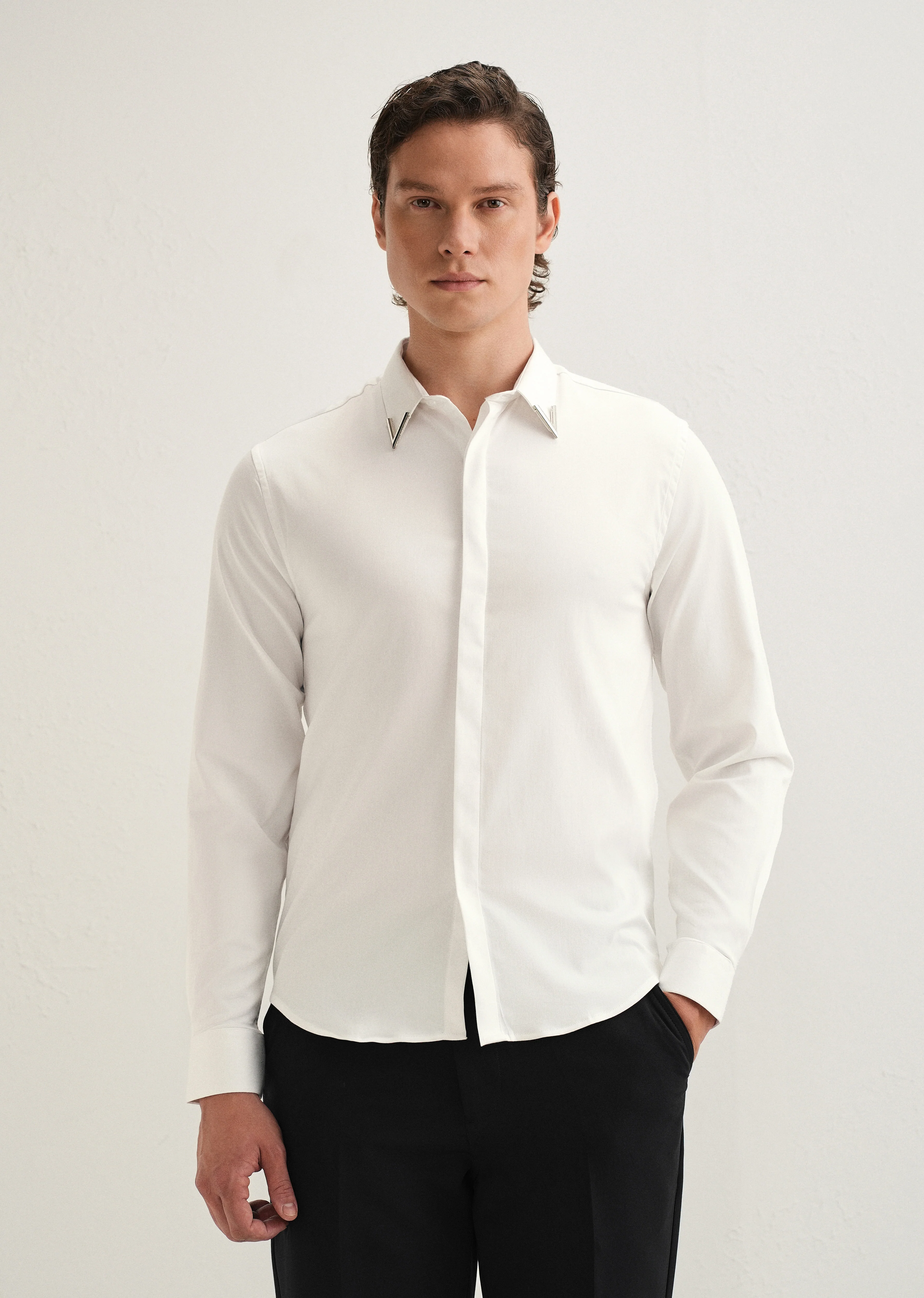 Silver-Tipped Collar White Designer Shirt - Image 3