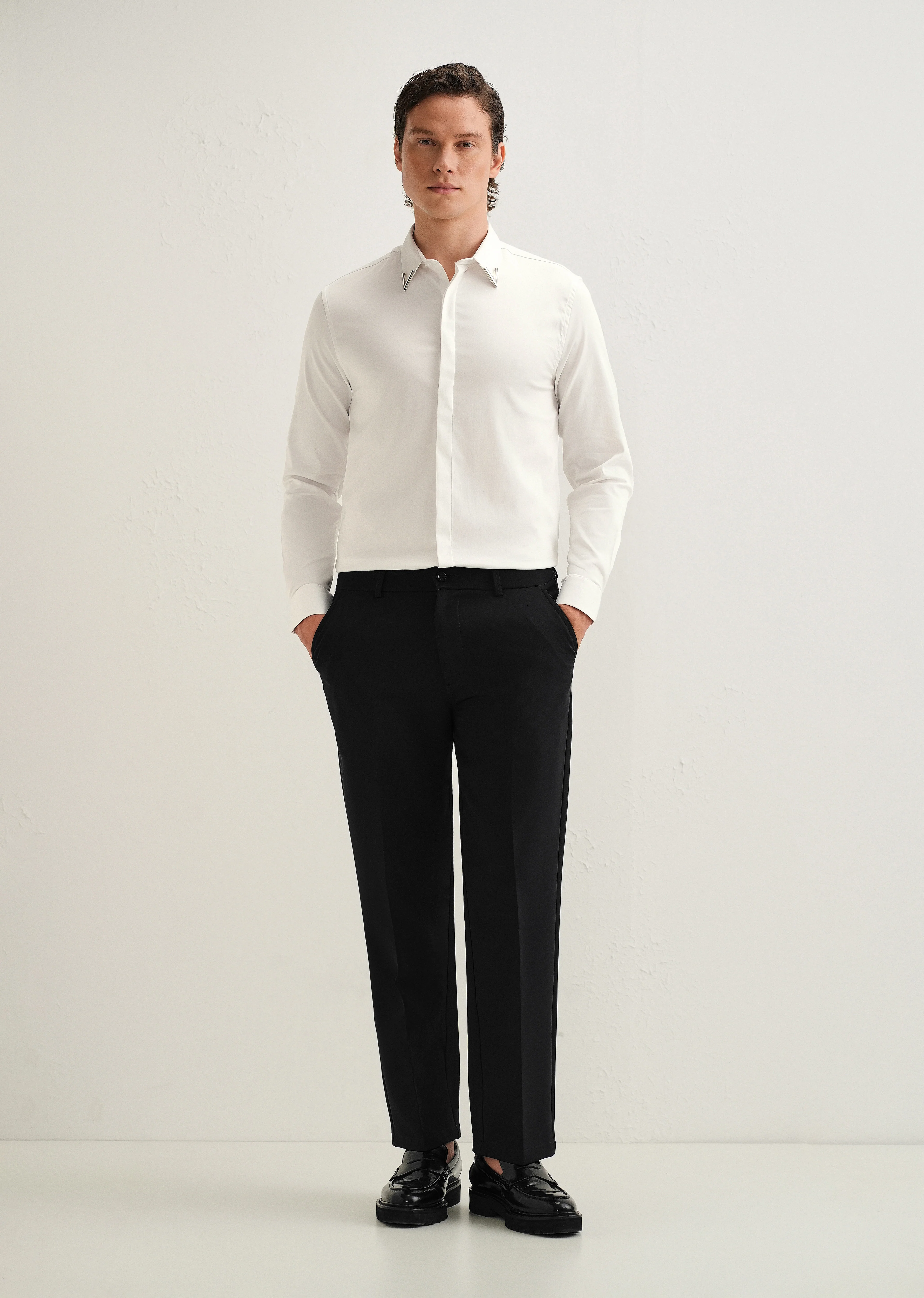 Silver-Tipped Collar White Designer Shirt - Image 6