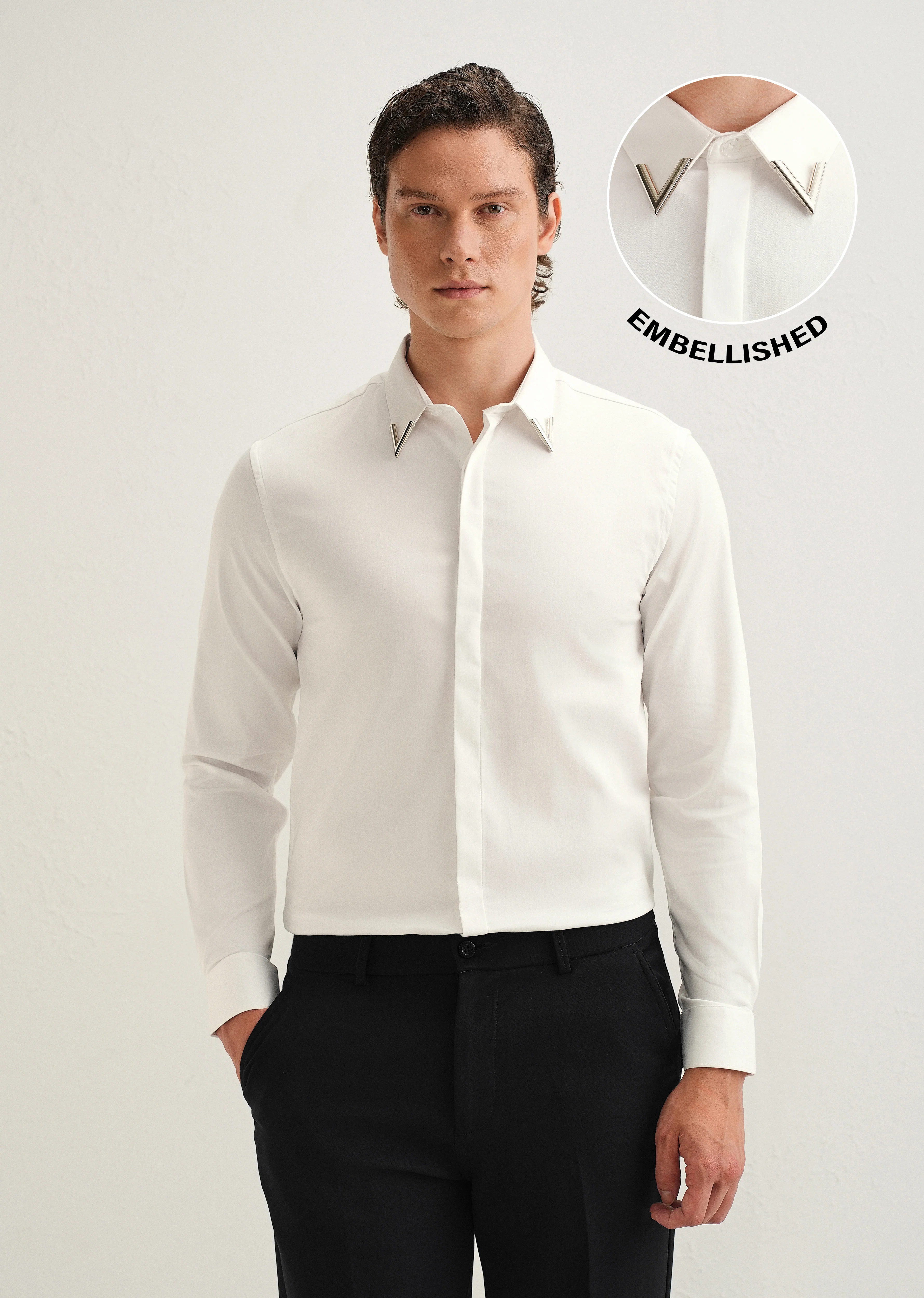 Silver-Tipped Collar White Designer Shirt - Image 7