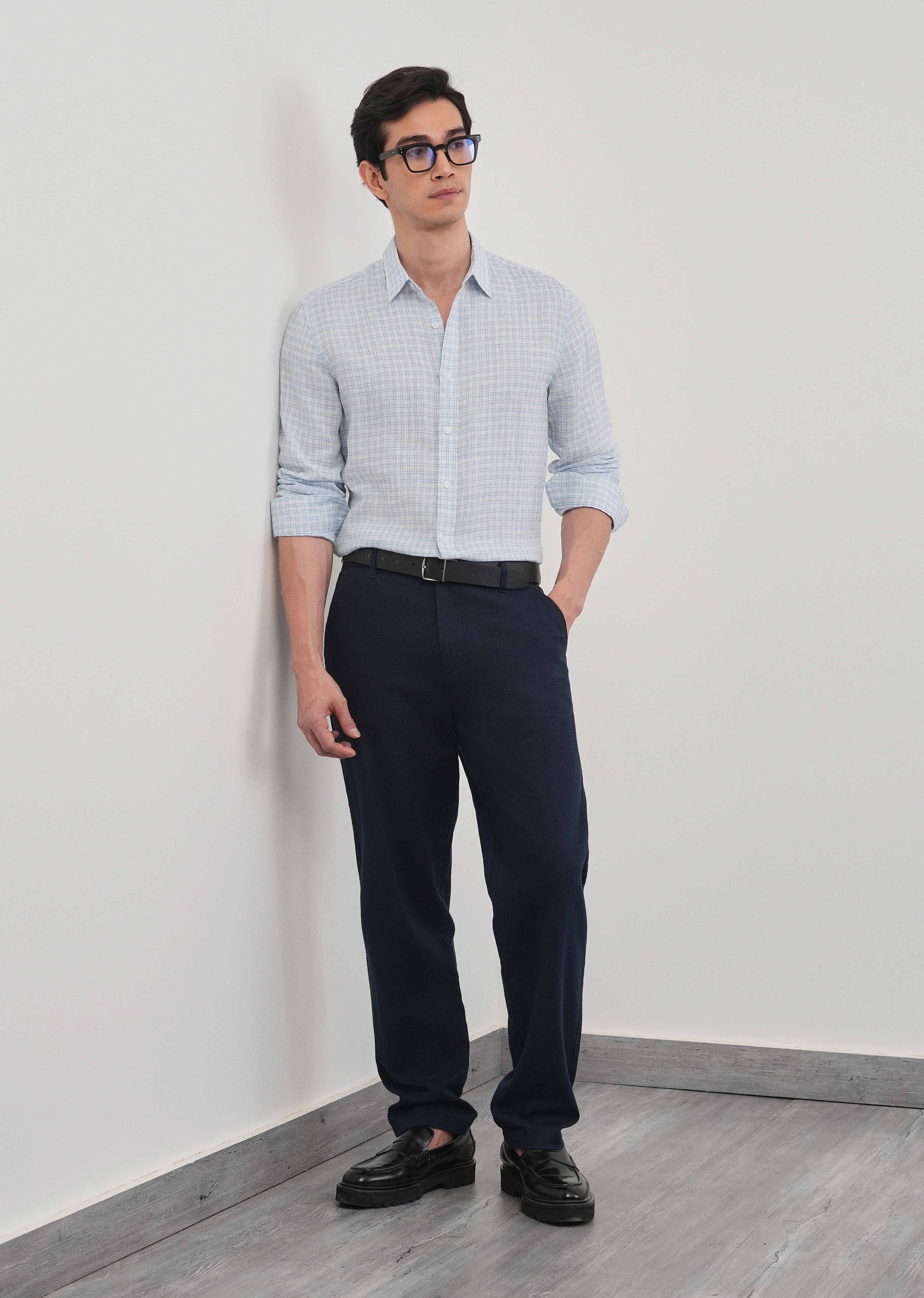 Sky Blue 100% Pure Linen Check Shirt - Image 10