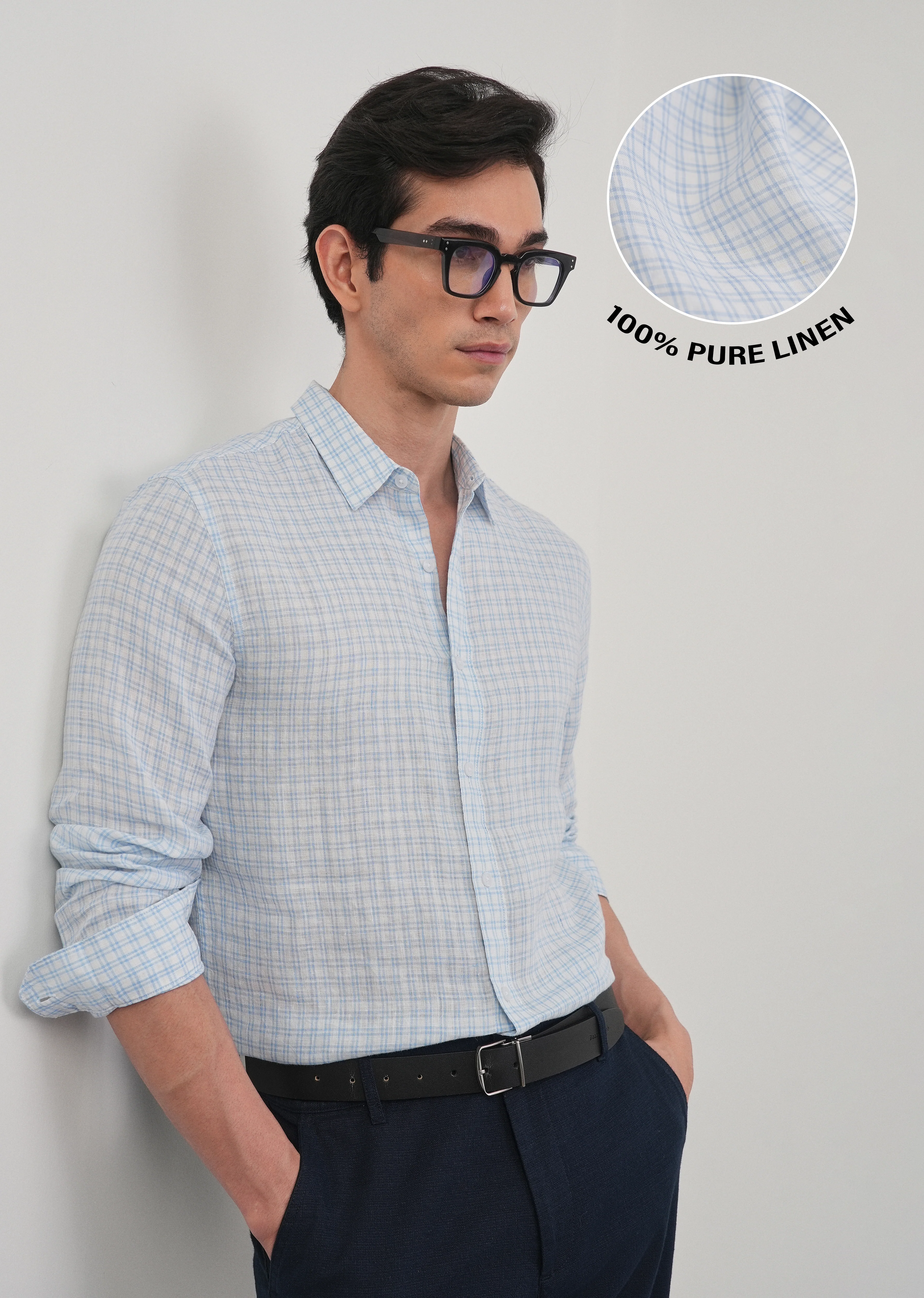 Sky Blue 100% Pure Linen Check Shirt - Image 2