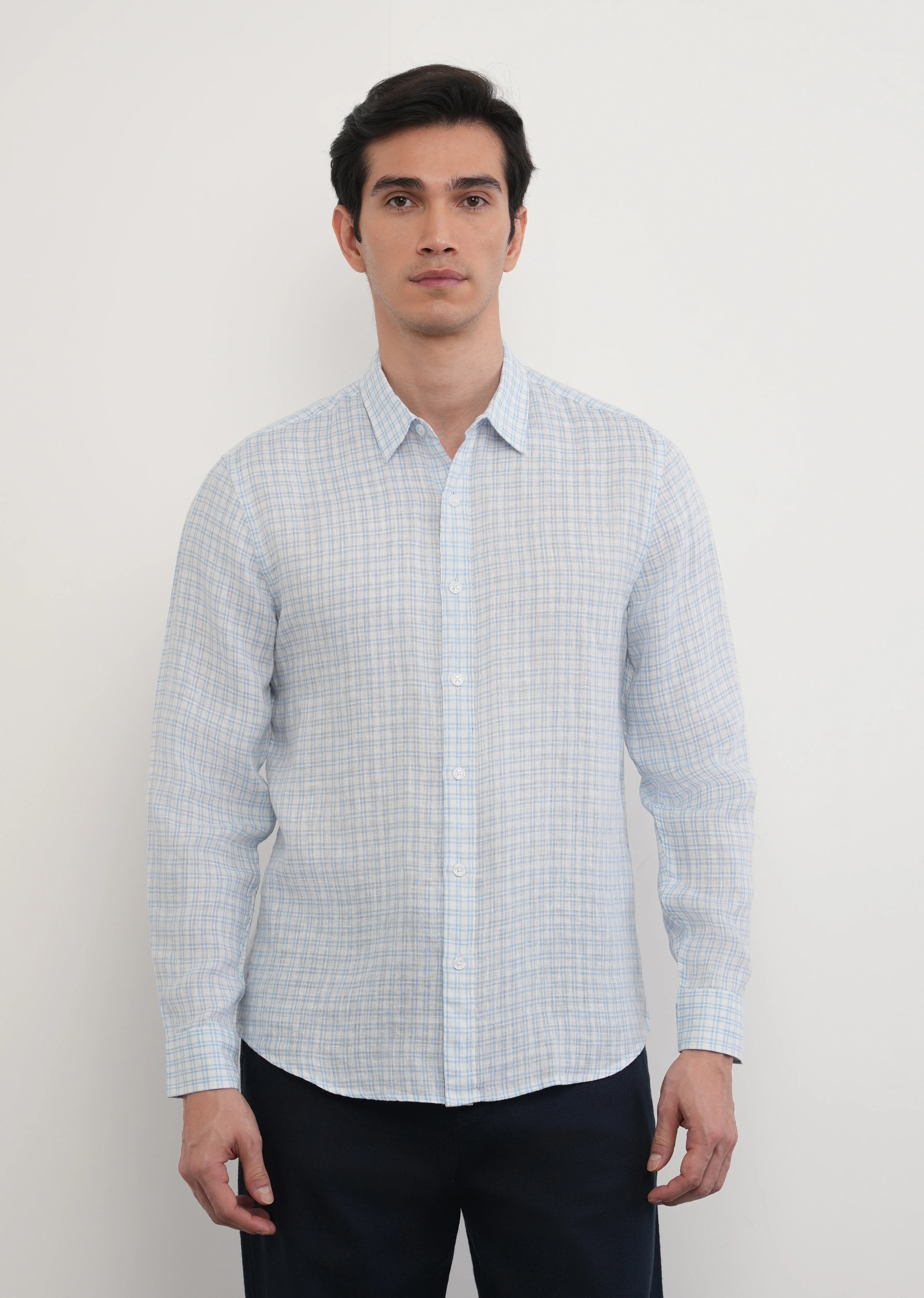 Sky Blue 100% Pure Linen Check Shirt - Image 6