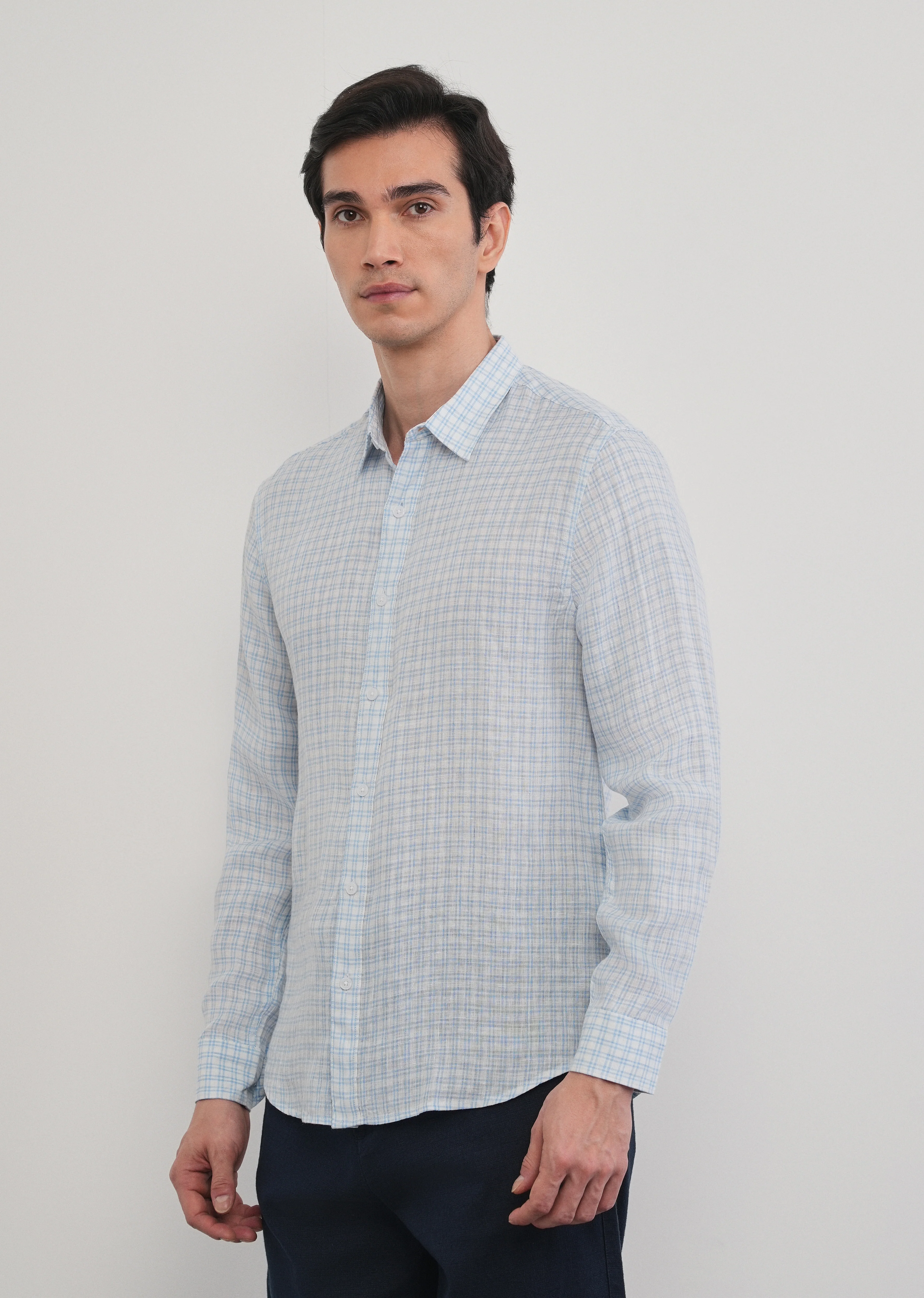 Sky Blue 100% Pure Linen Check Shirt - Image 7