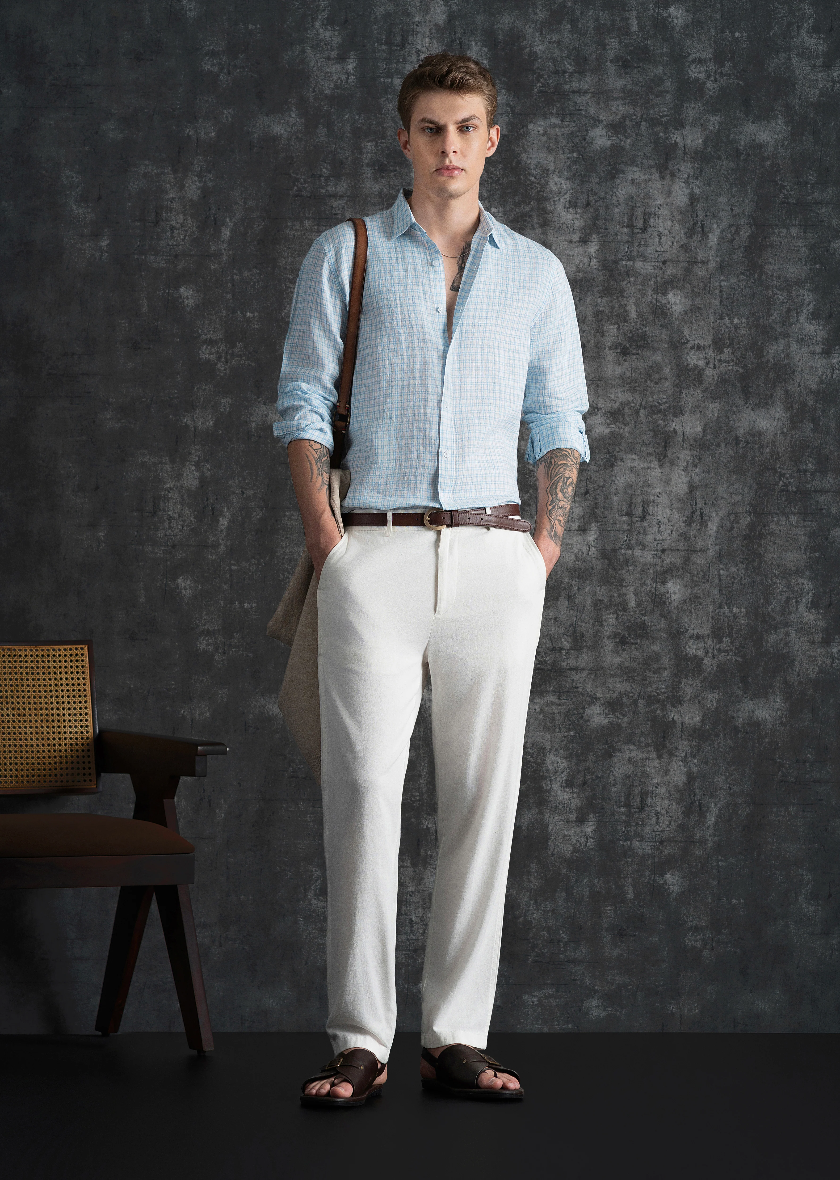 Sky Blue 100% Pure Linen Check Shirt - Image 8