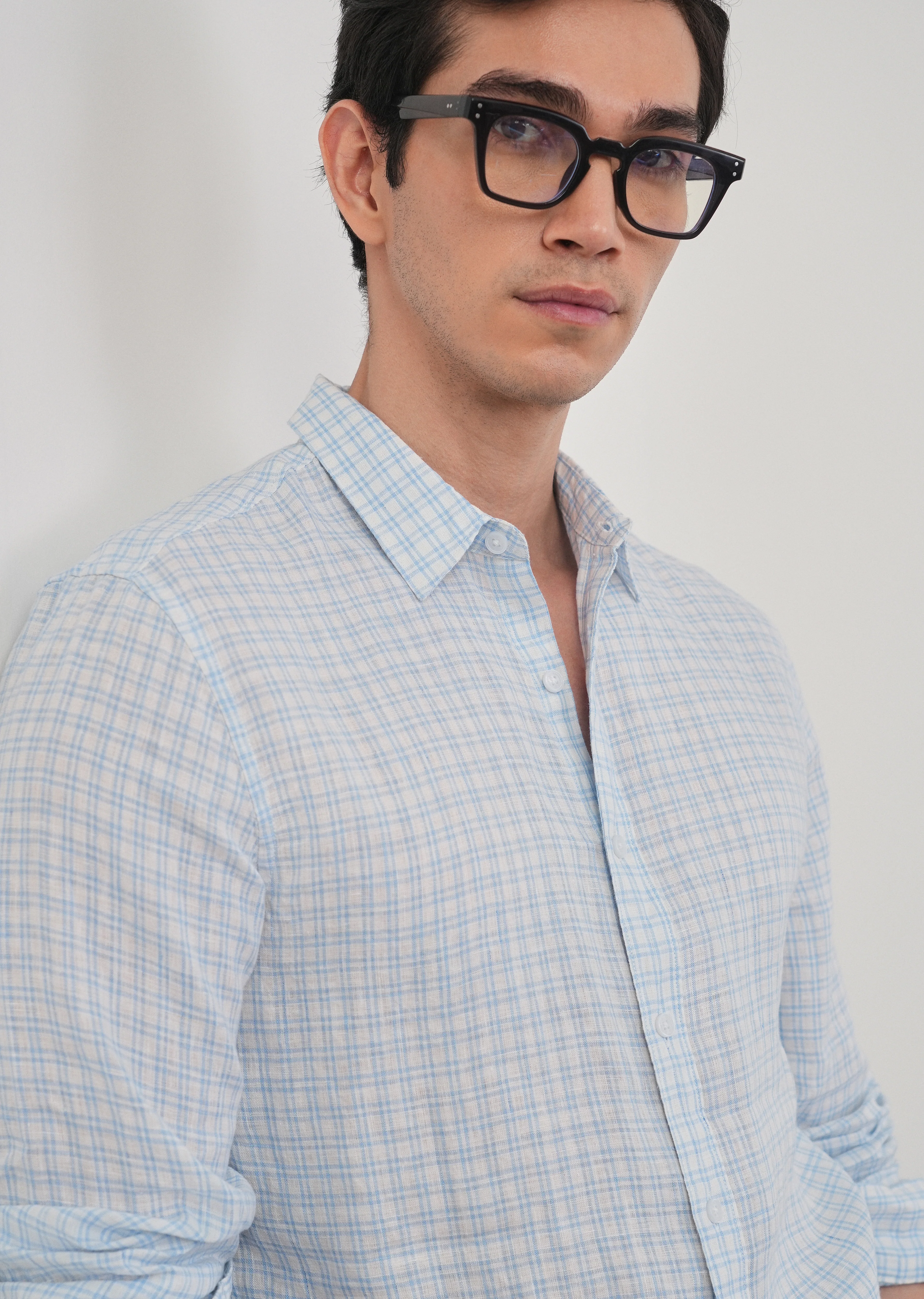 Sky Blue 100% Pure Linen Check Shirt - Image 9