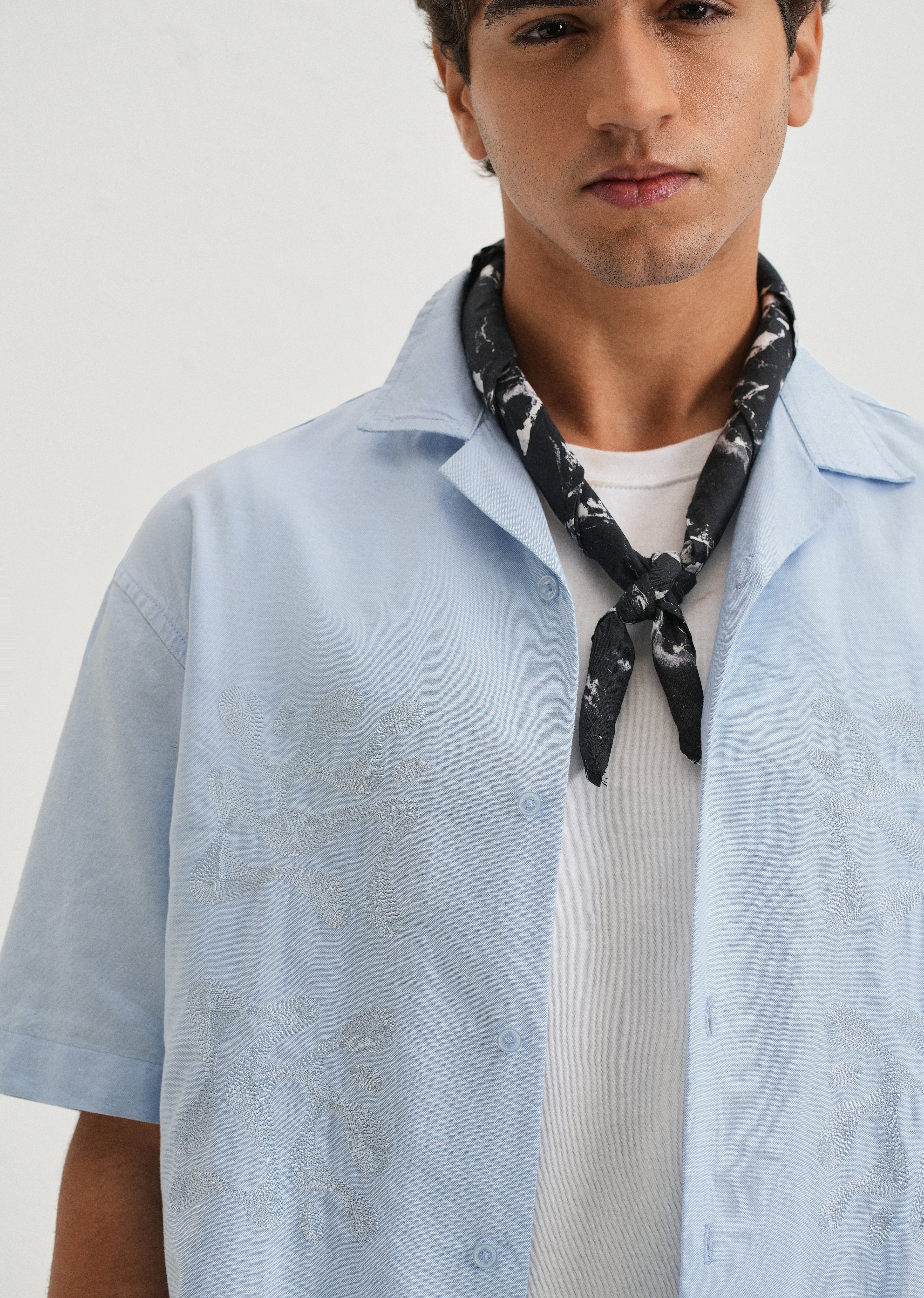 Sky Blue Embroidery Cuban Collar Cotton Shirt - Image 2
