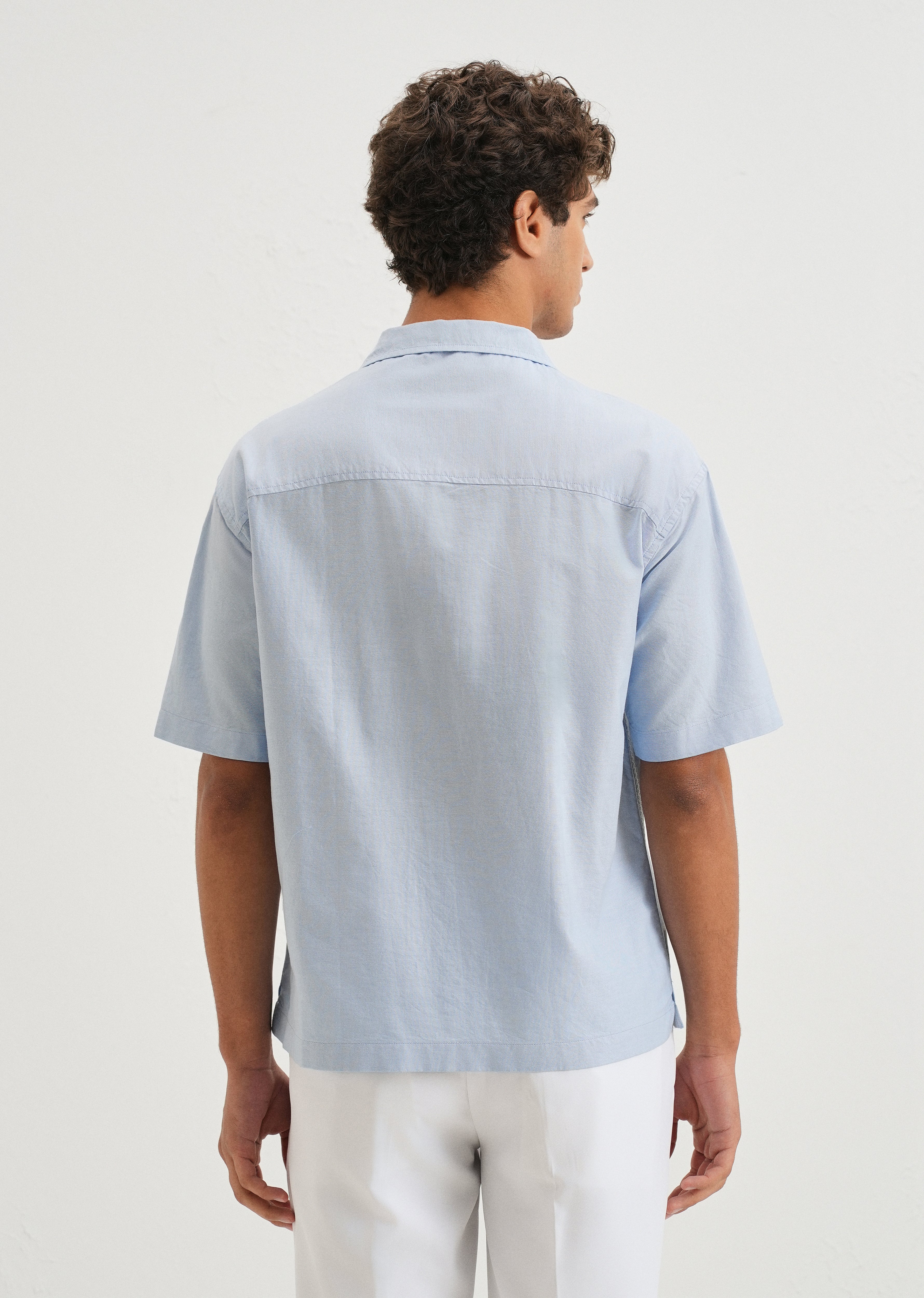 Sky Blue Embroidery Cuban Collar Cotton Shirt - Image 3