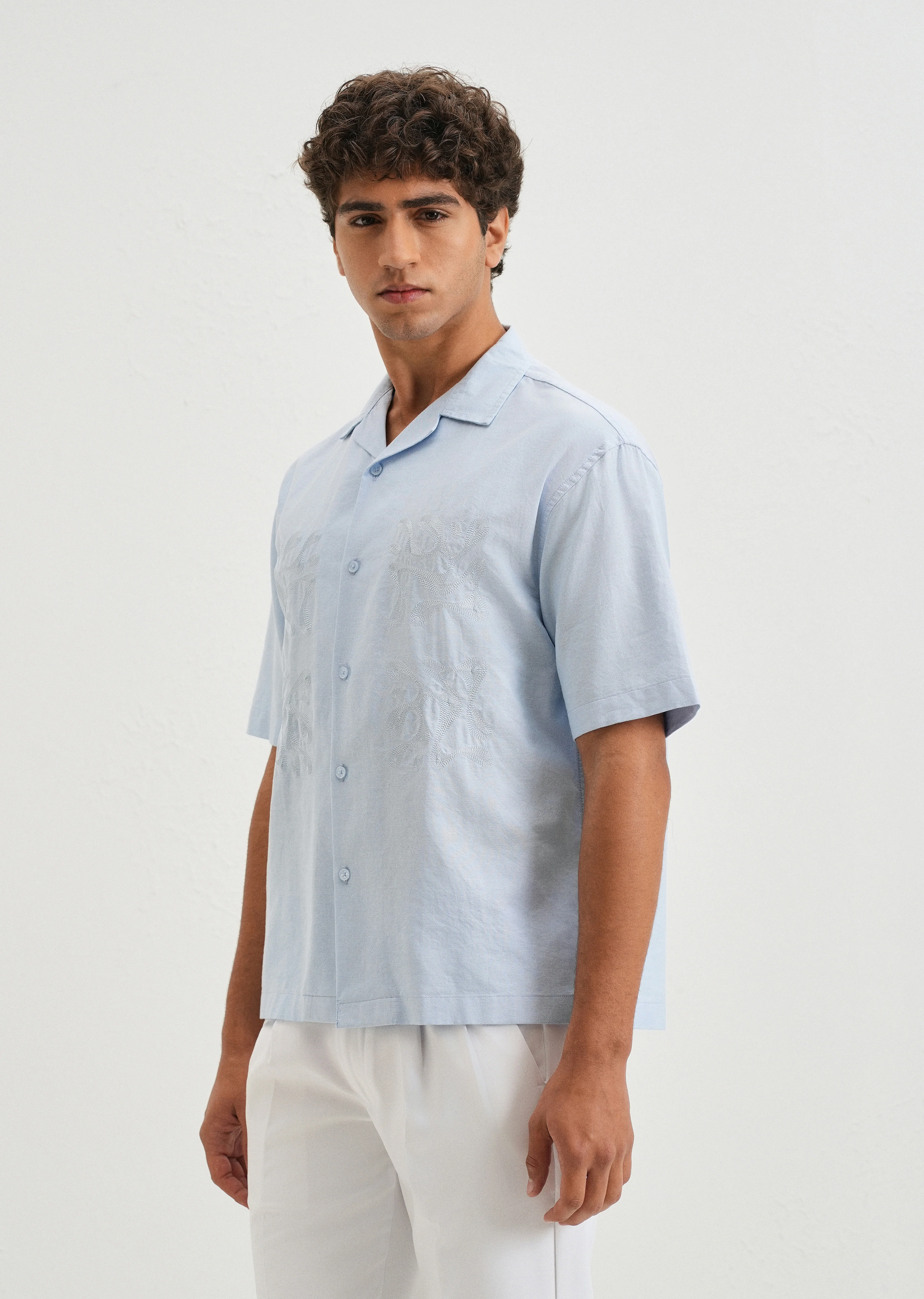 Sky Blue Embroidery Cuban Collar Cotton Shirt - Image 4