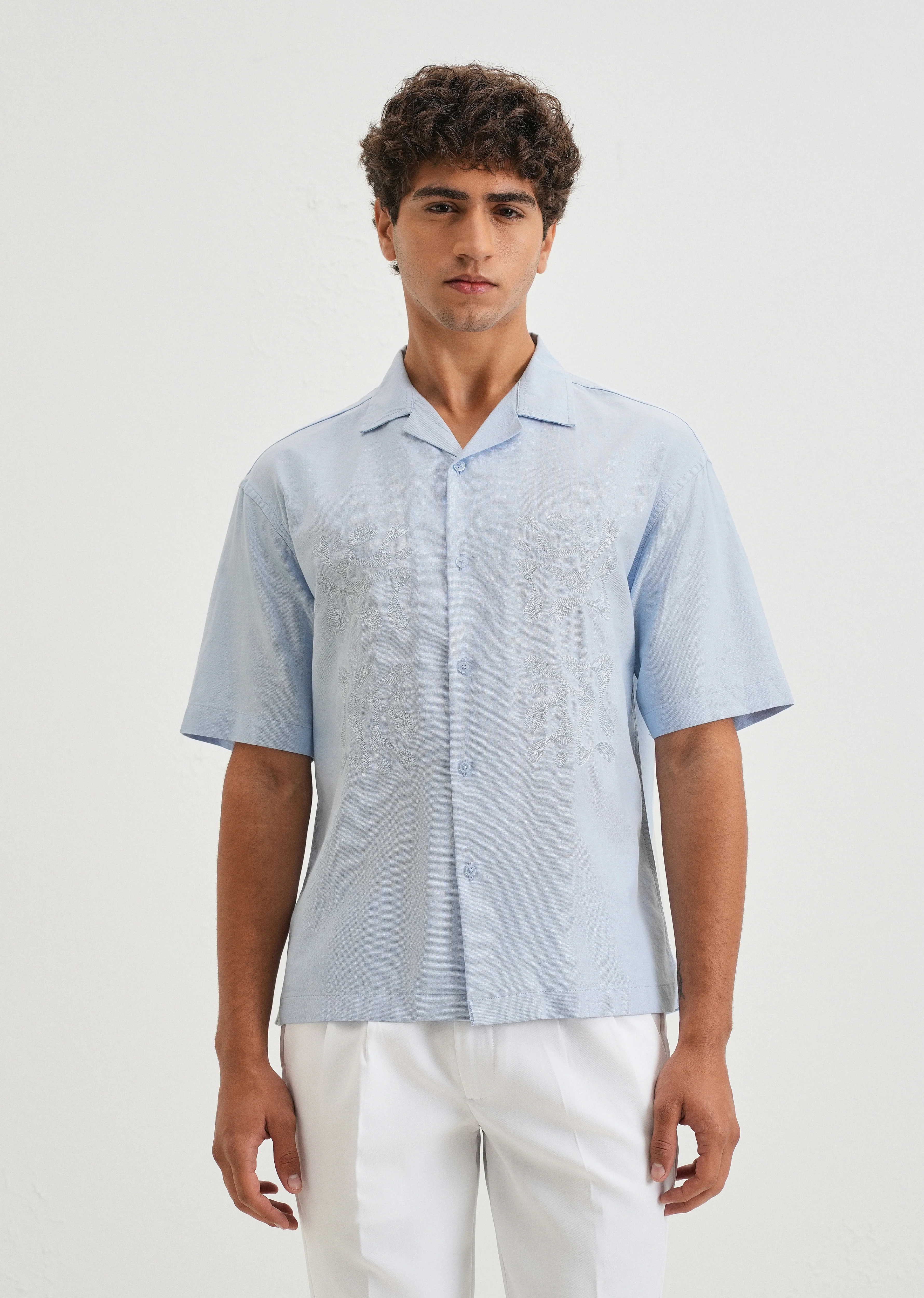 Sky Blue Embroidery Cuban Collar Cotton Shirt - Image 5