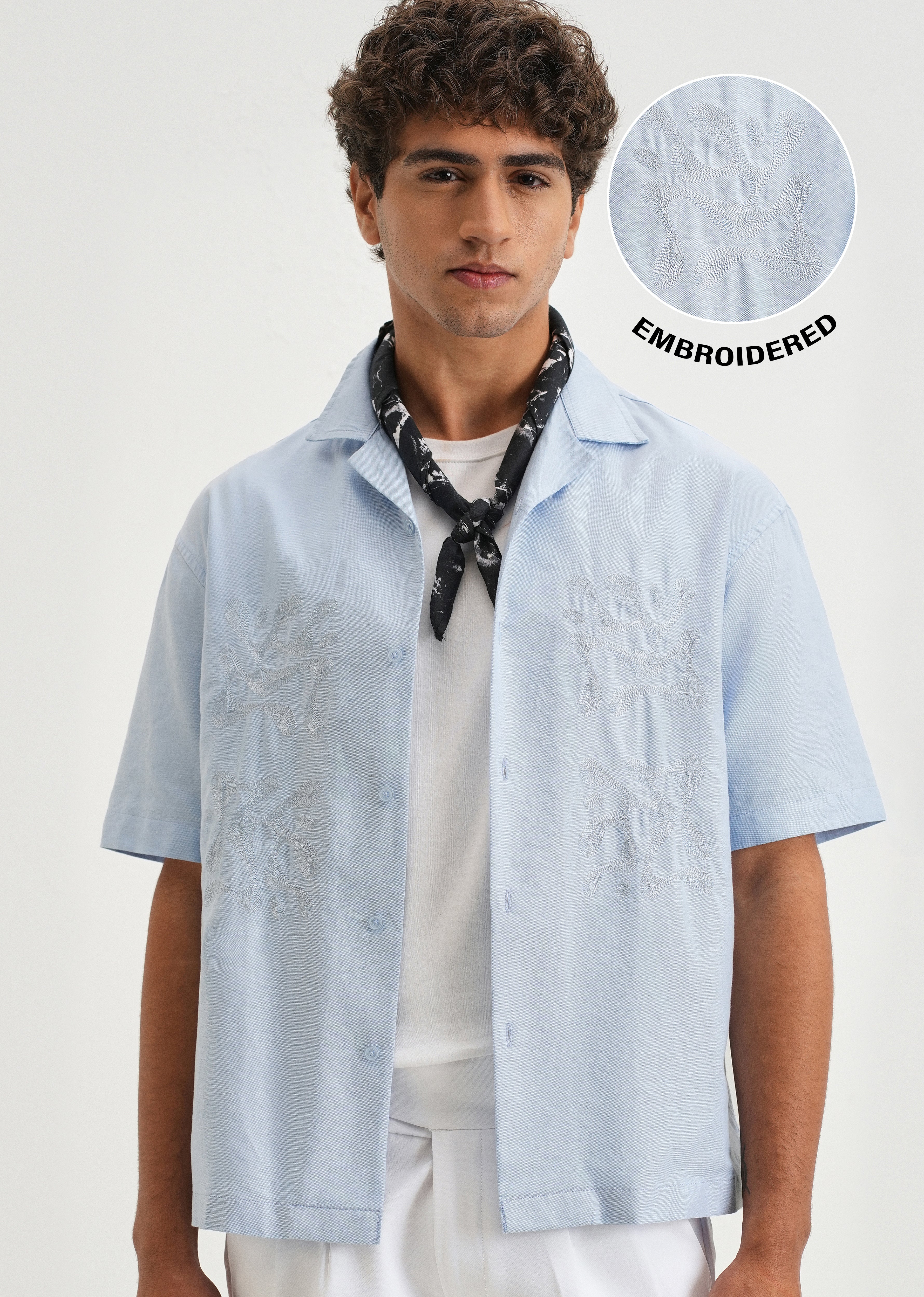 Sky Blue Embroidery Cuban Collar Cotton Shirt - Image 7
