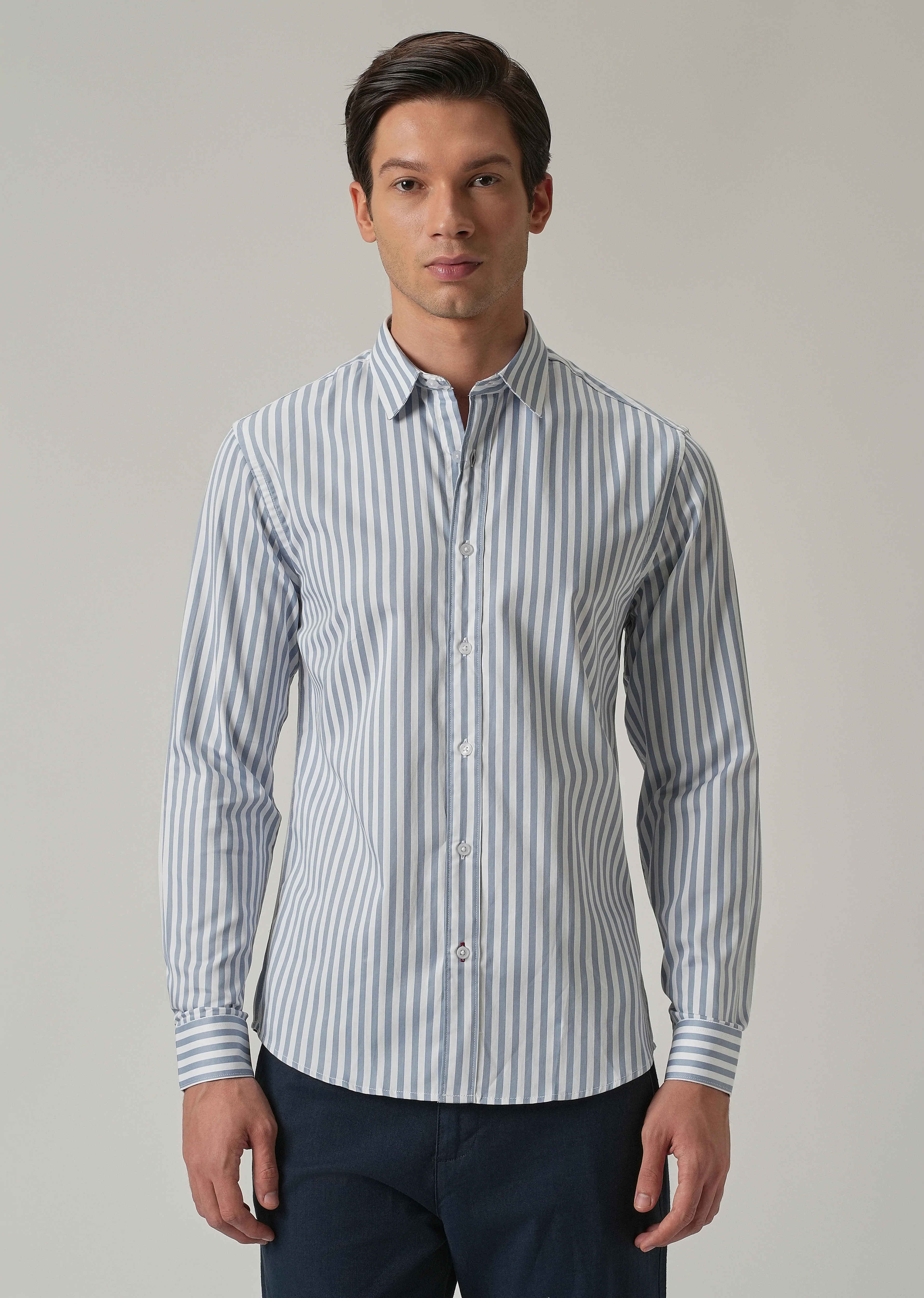 Sky Blue Satin Pin Stripe Shirt - Image 3