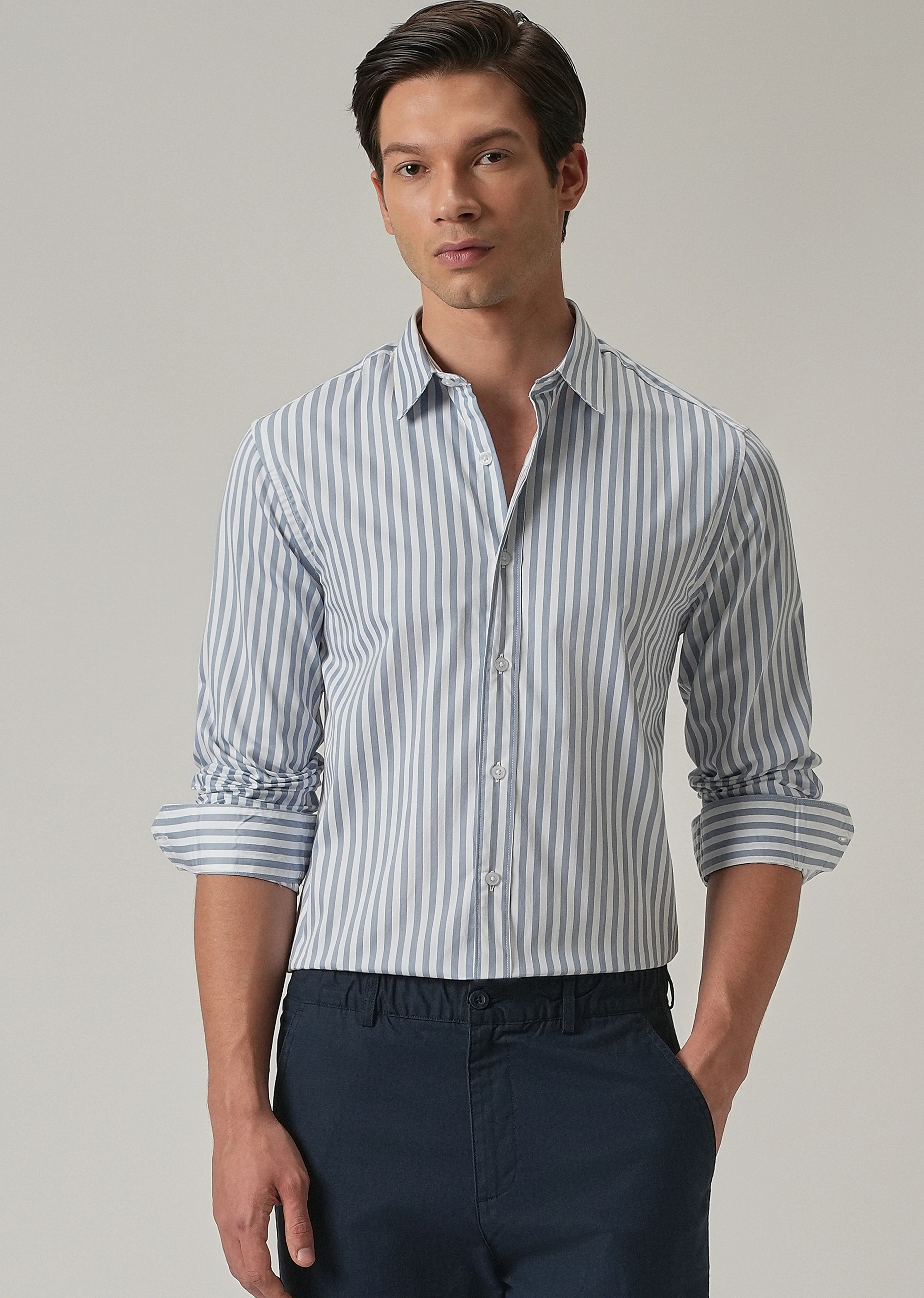 Sky Blue Satin Pin Stripe Shirt - Image 7