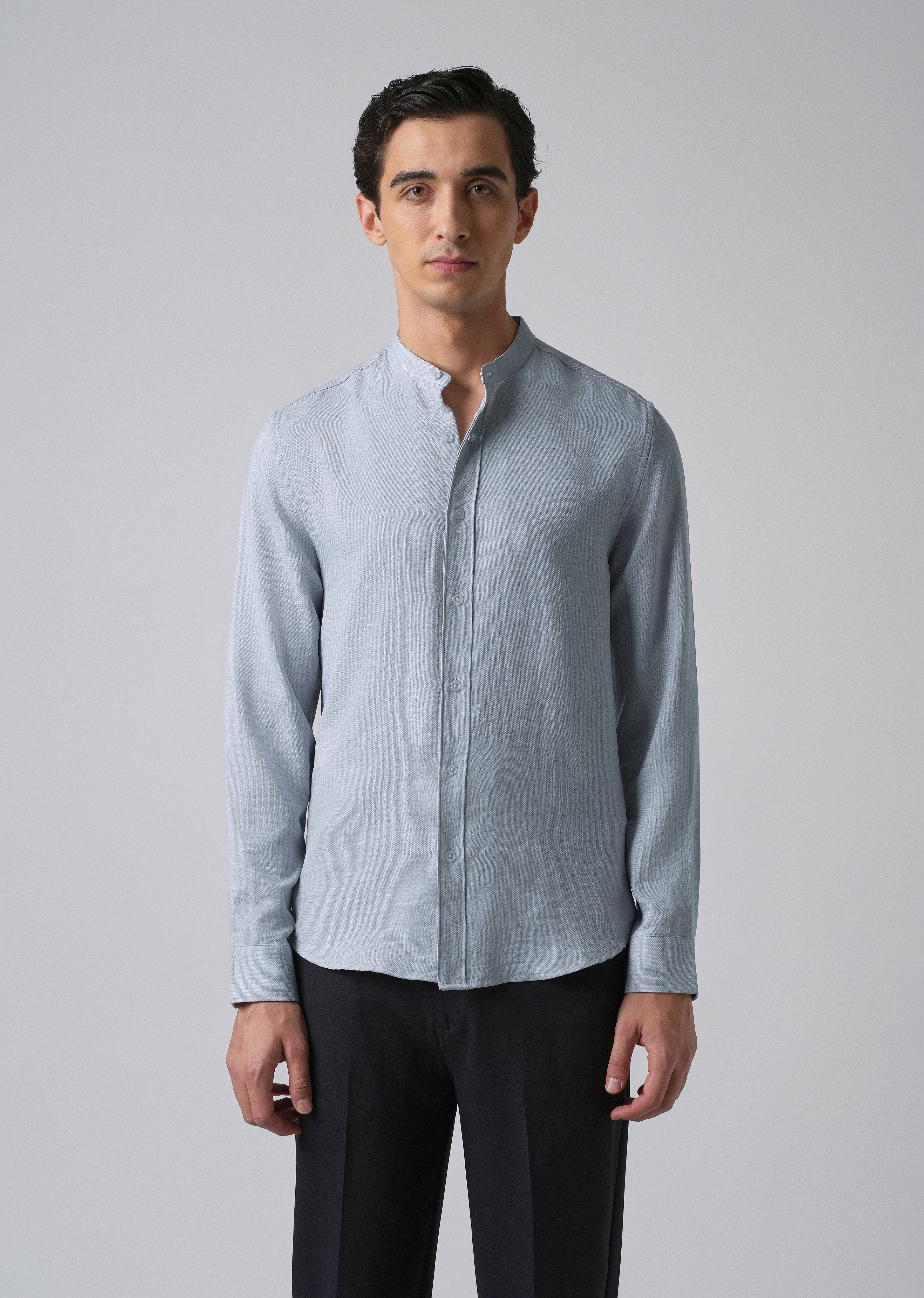 Sky Blue Plain Mandarin Collar Shirt - Image 3
