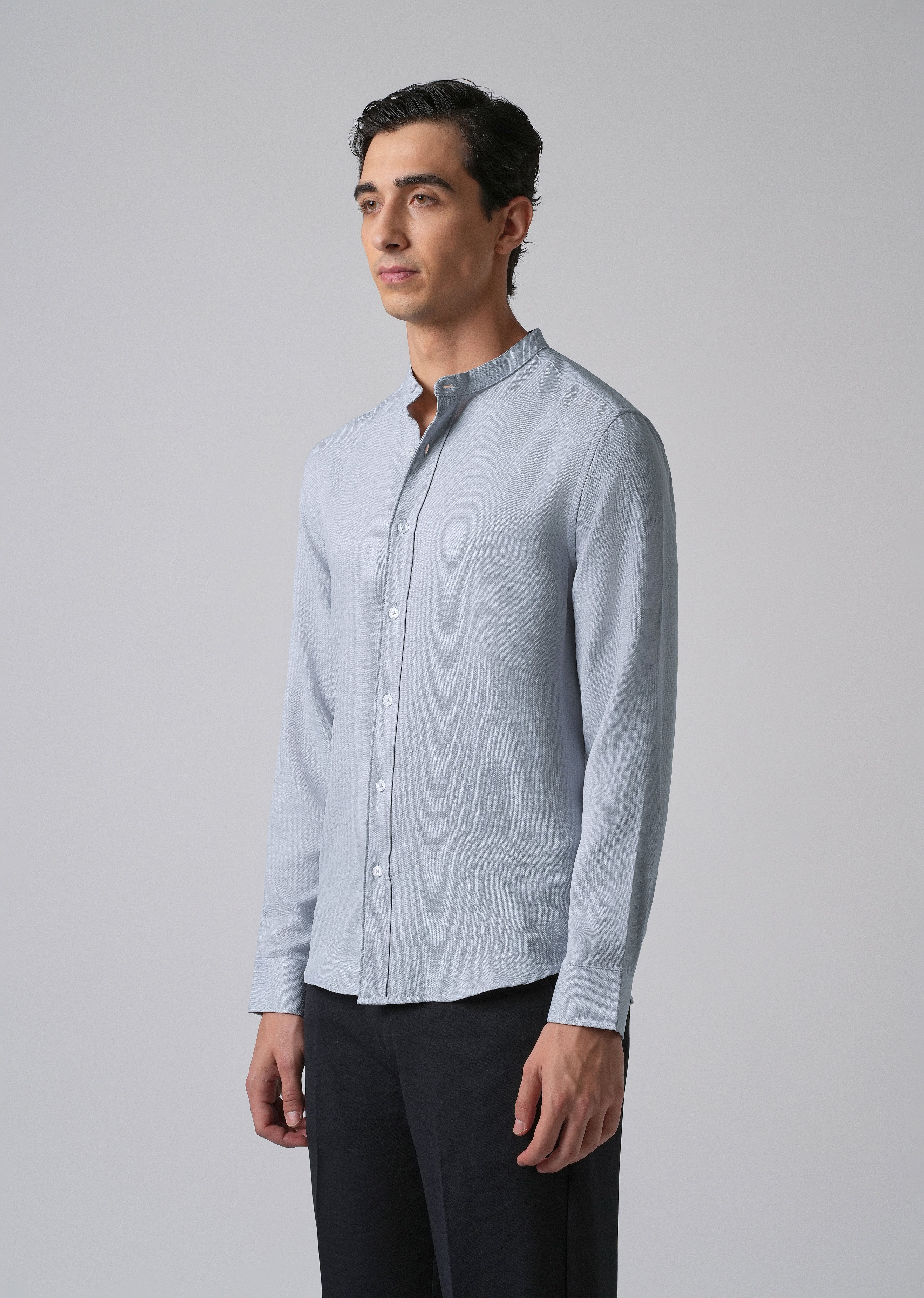 Sky Blue Plain Mandarin Collar Shirt - Image 4