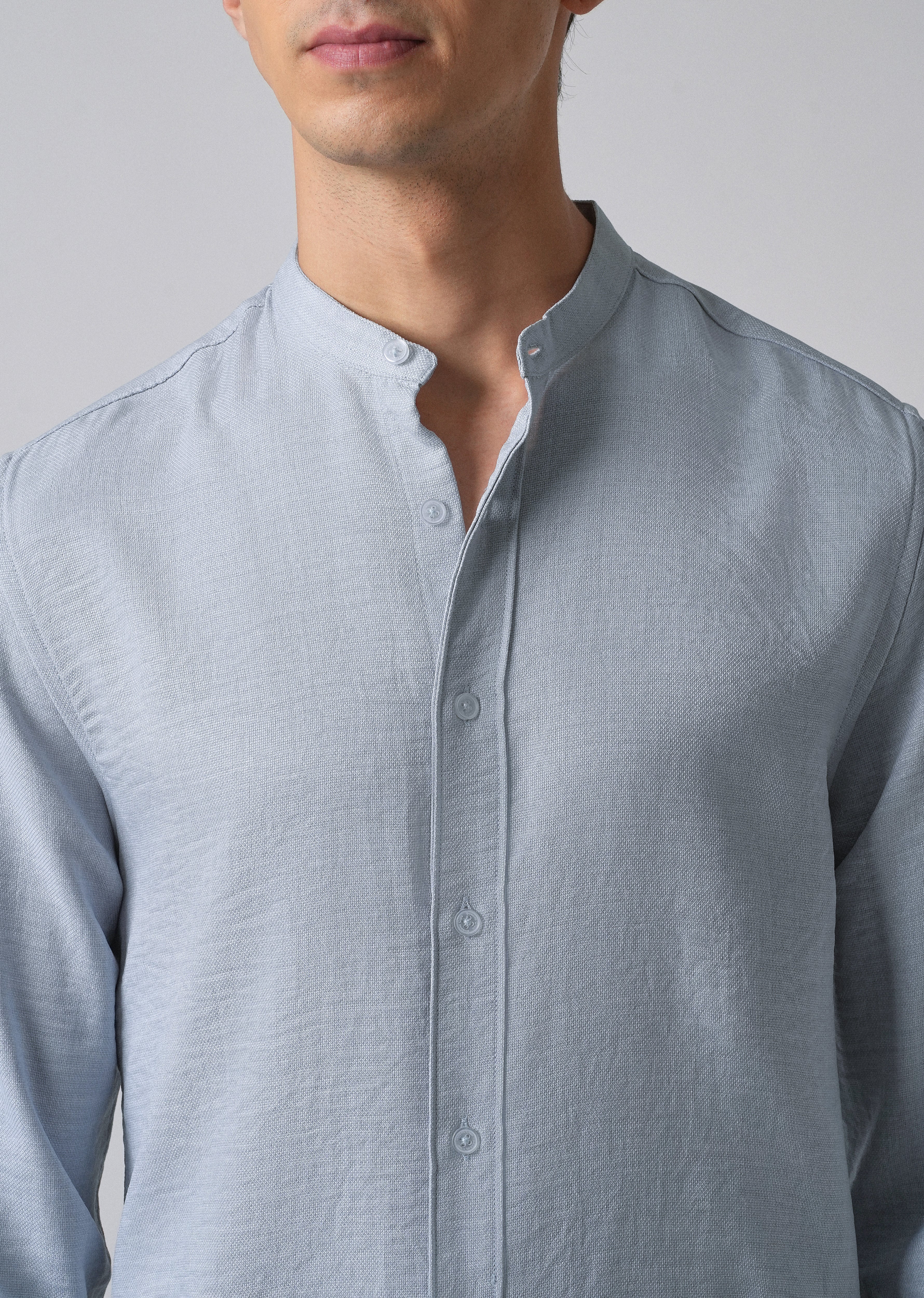 Sky Blue Plain Mandarin Collar Shirt - Image 5