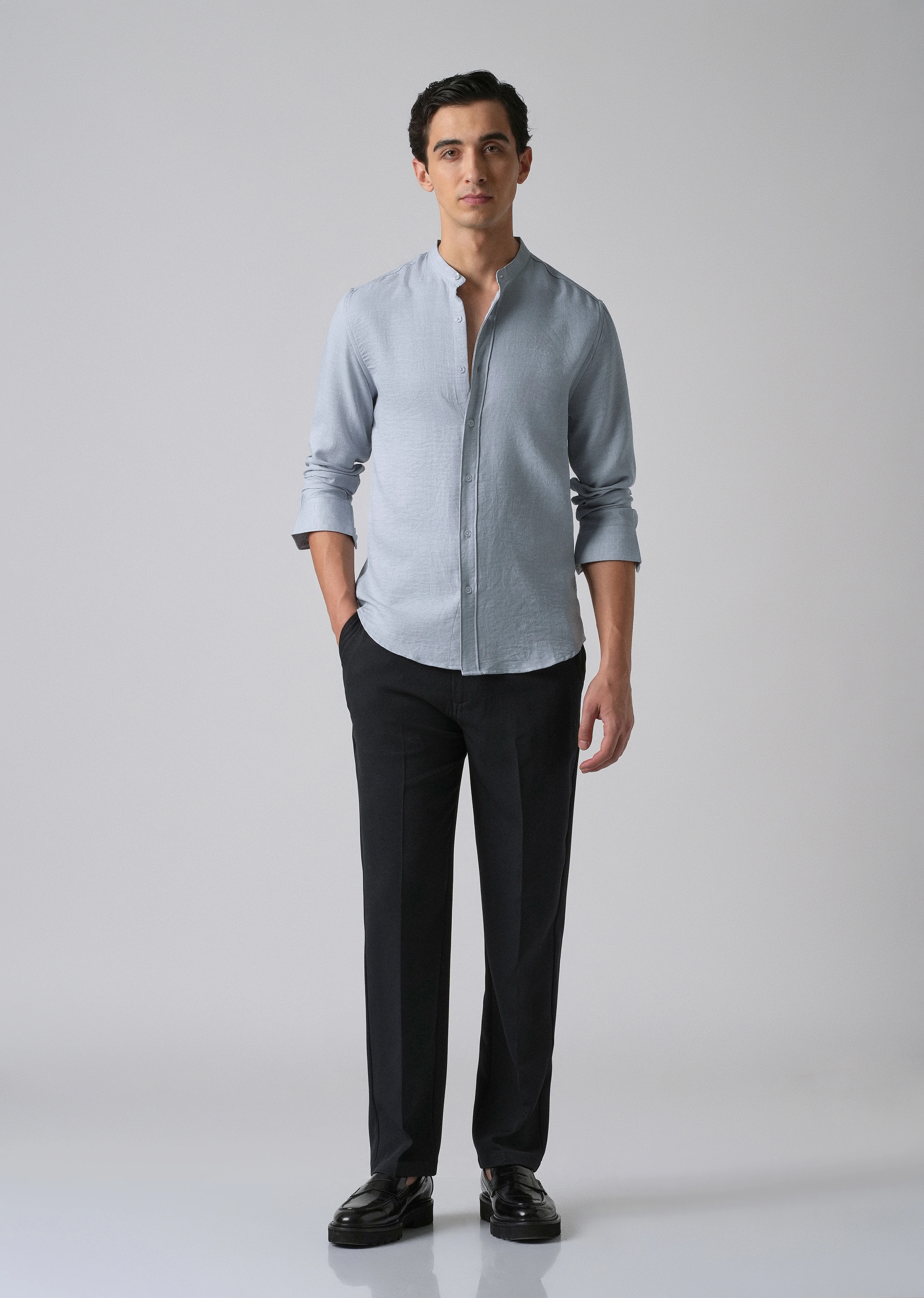 Sky Blue Plain Mandarin Collar Shirt - Image 6