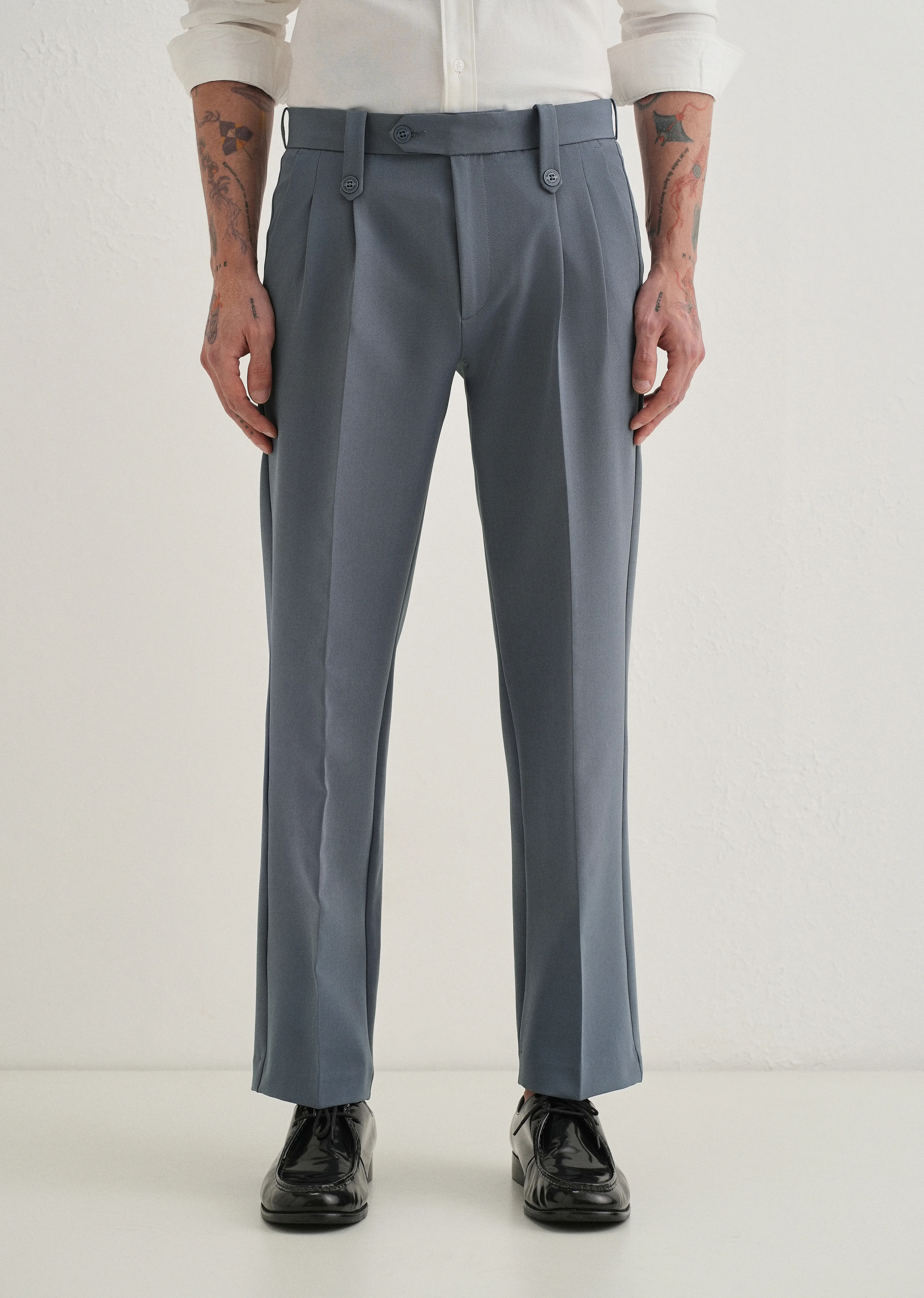 Slate Grey Button-Tab Pleat Trouser - Image 3