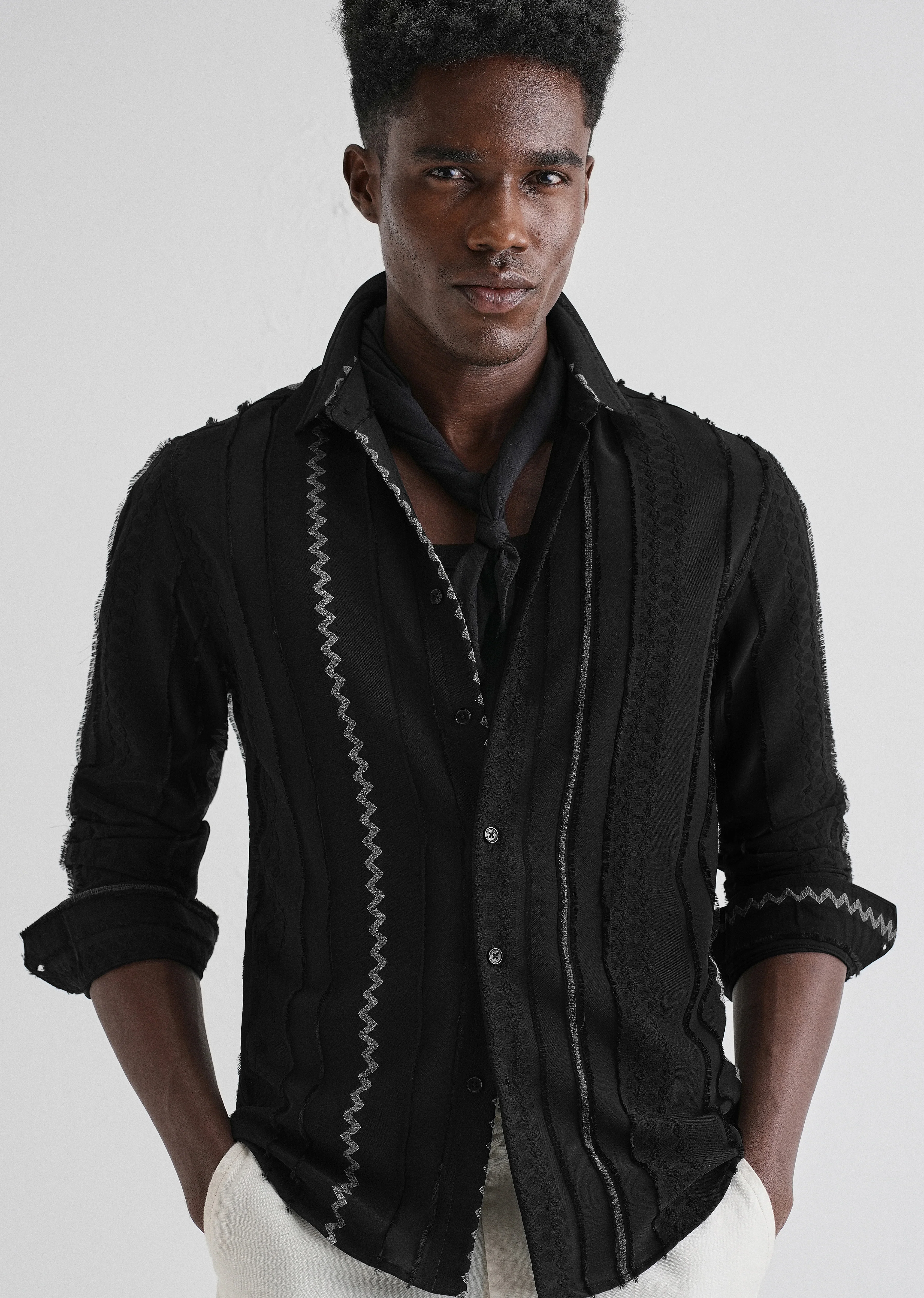 Sleek Black Vertical Chevron Striped Shirt - Image 7