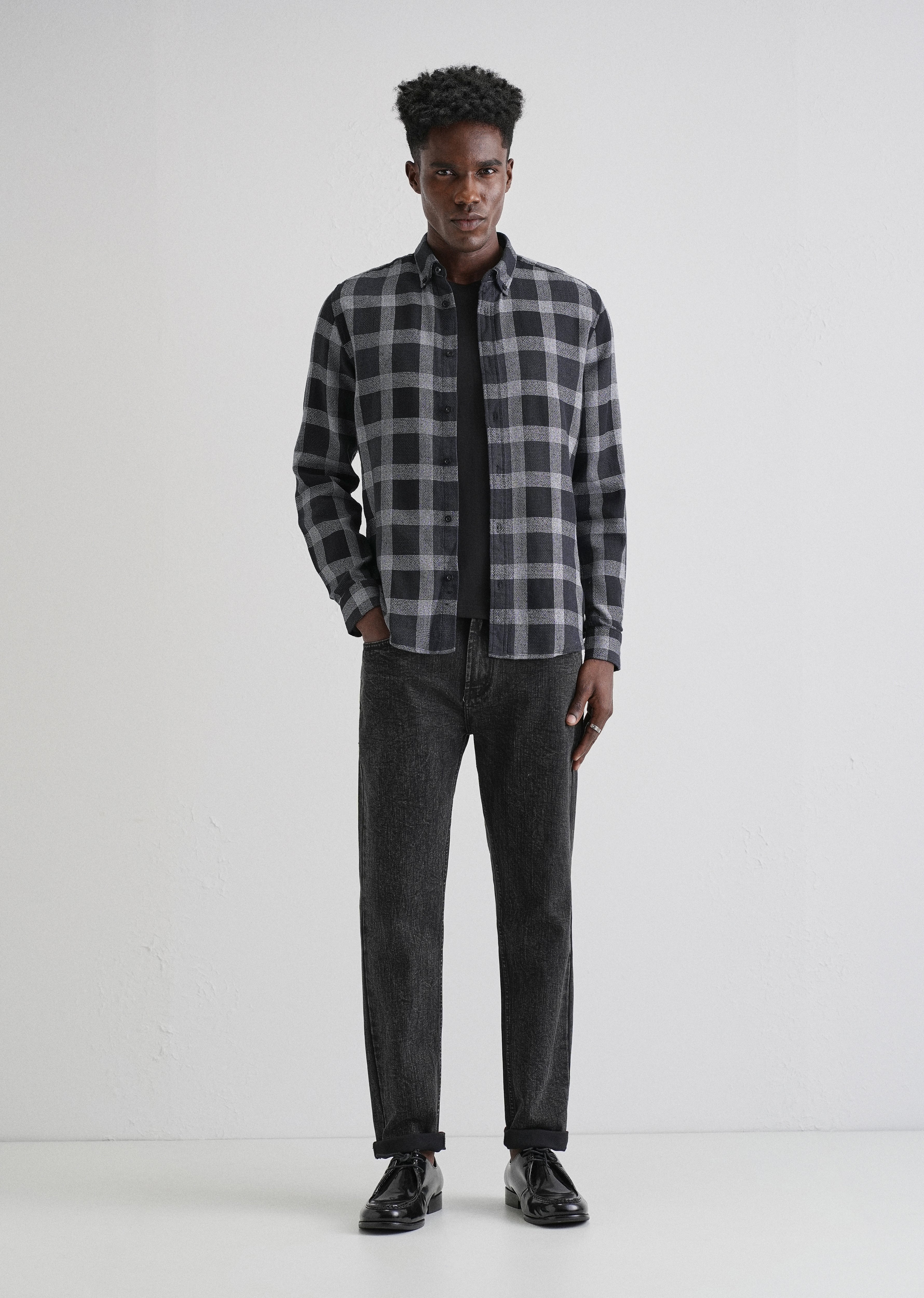 Melange Square Grid Black Check Shirt - Image 6