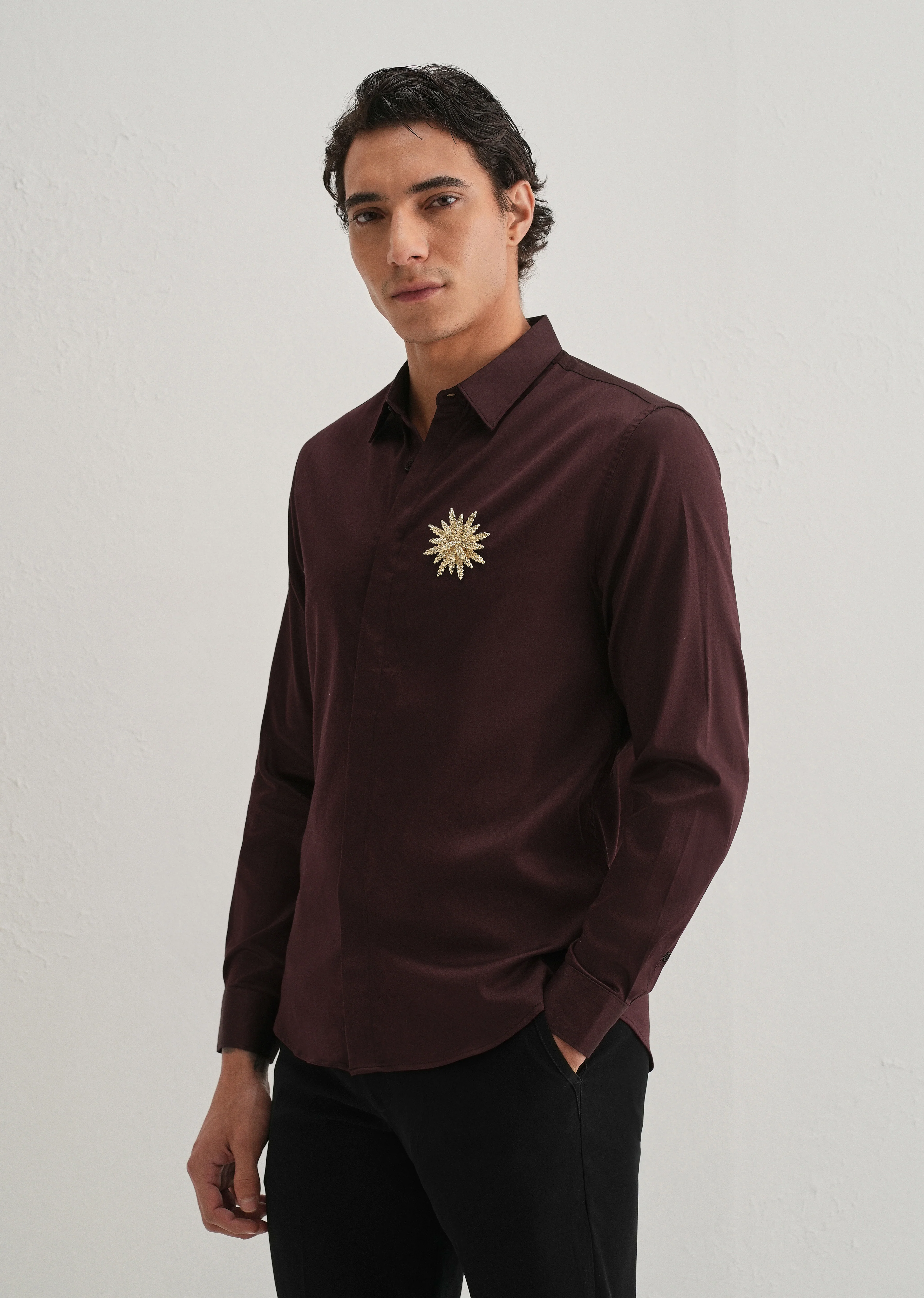 Star Floral Brooch Wine Designer Shirt - Image 4