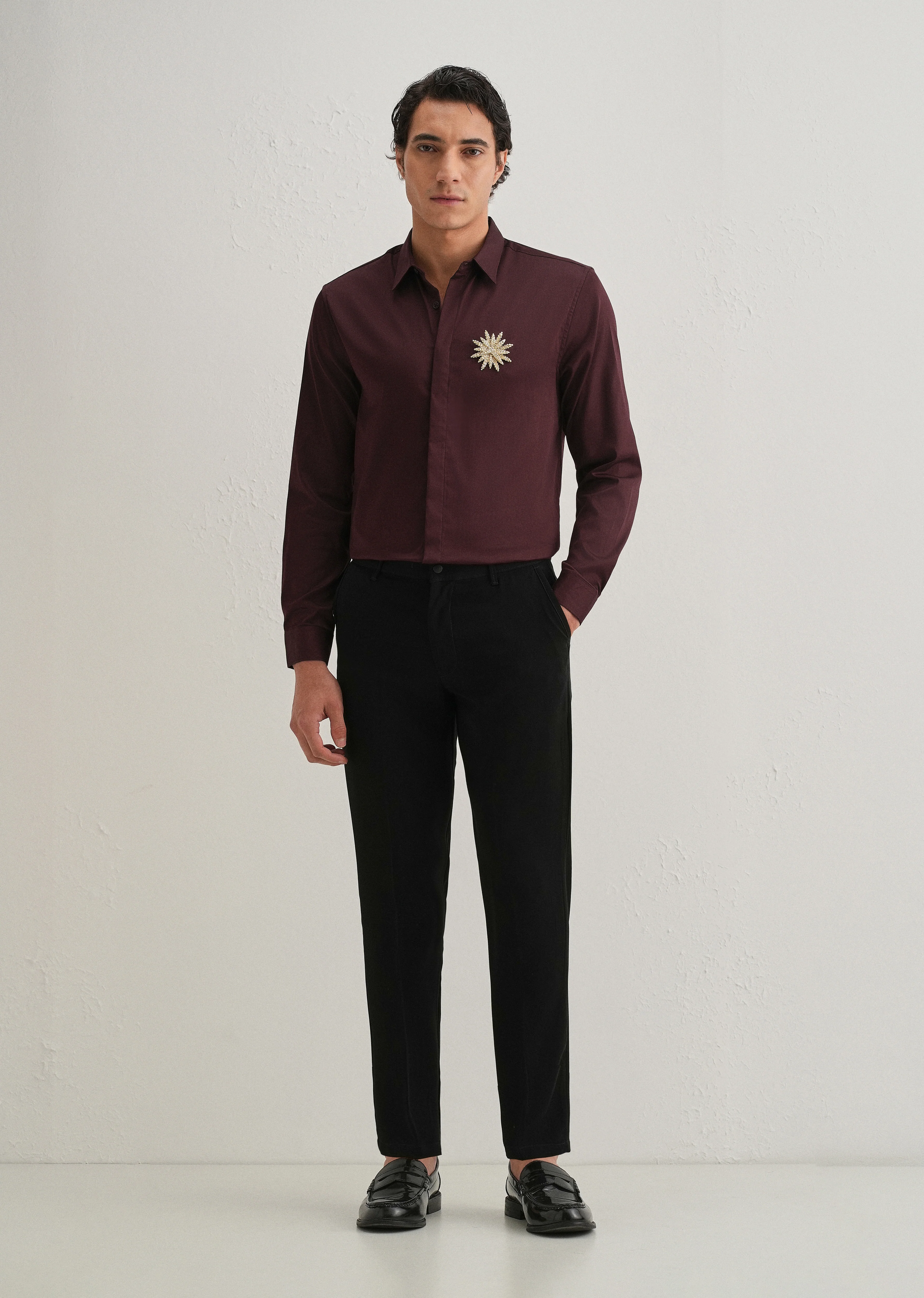 Star Floral Brooch Wine Designer Shirt - Image 6