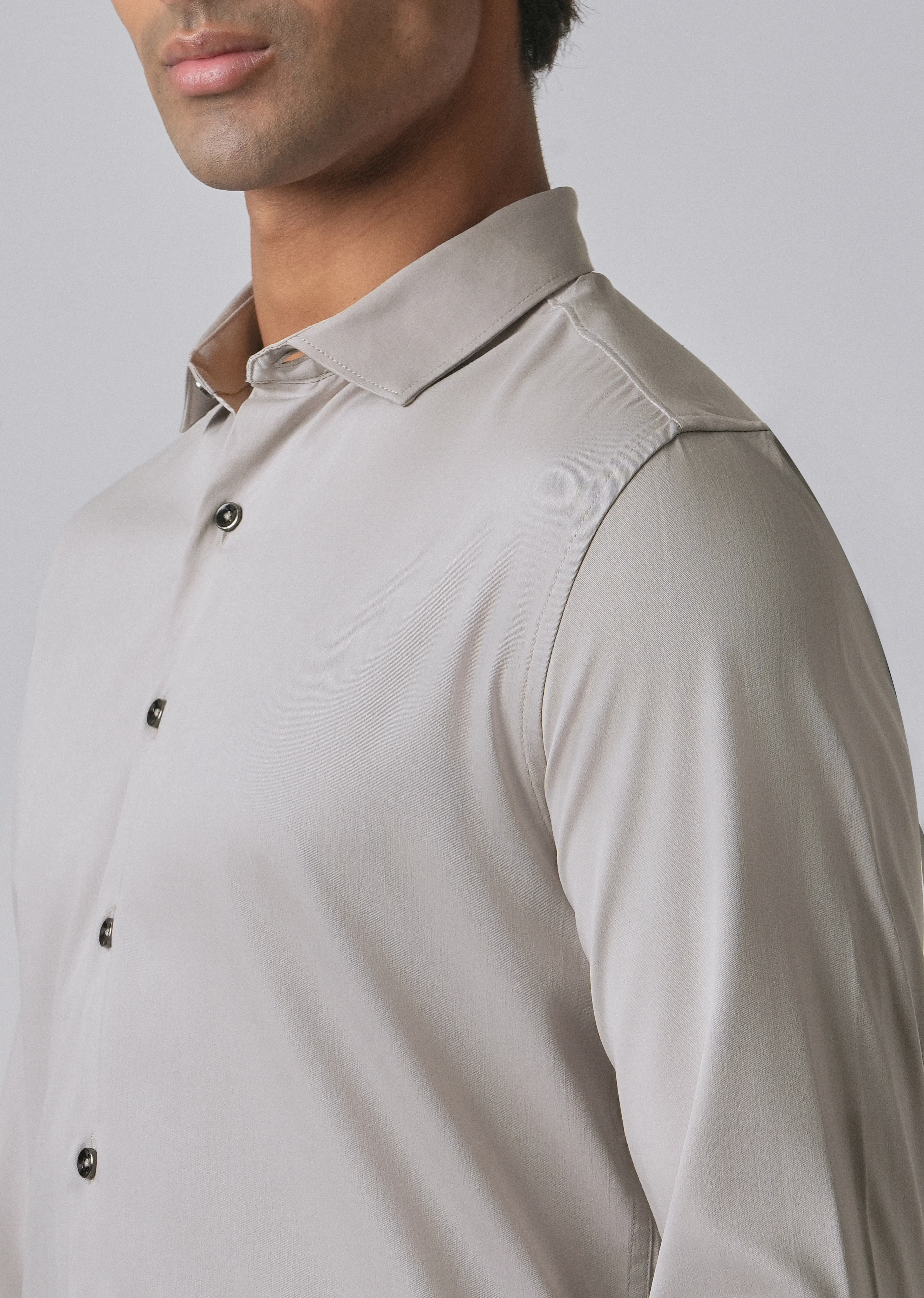 Stone Grey Cotton Stretch Plain Shirt - Image 5
