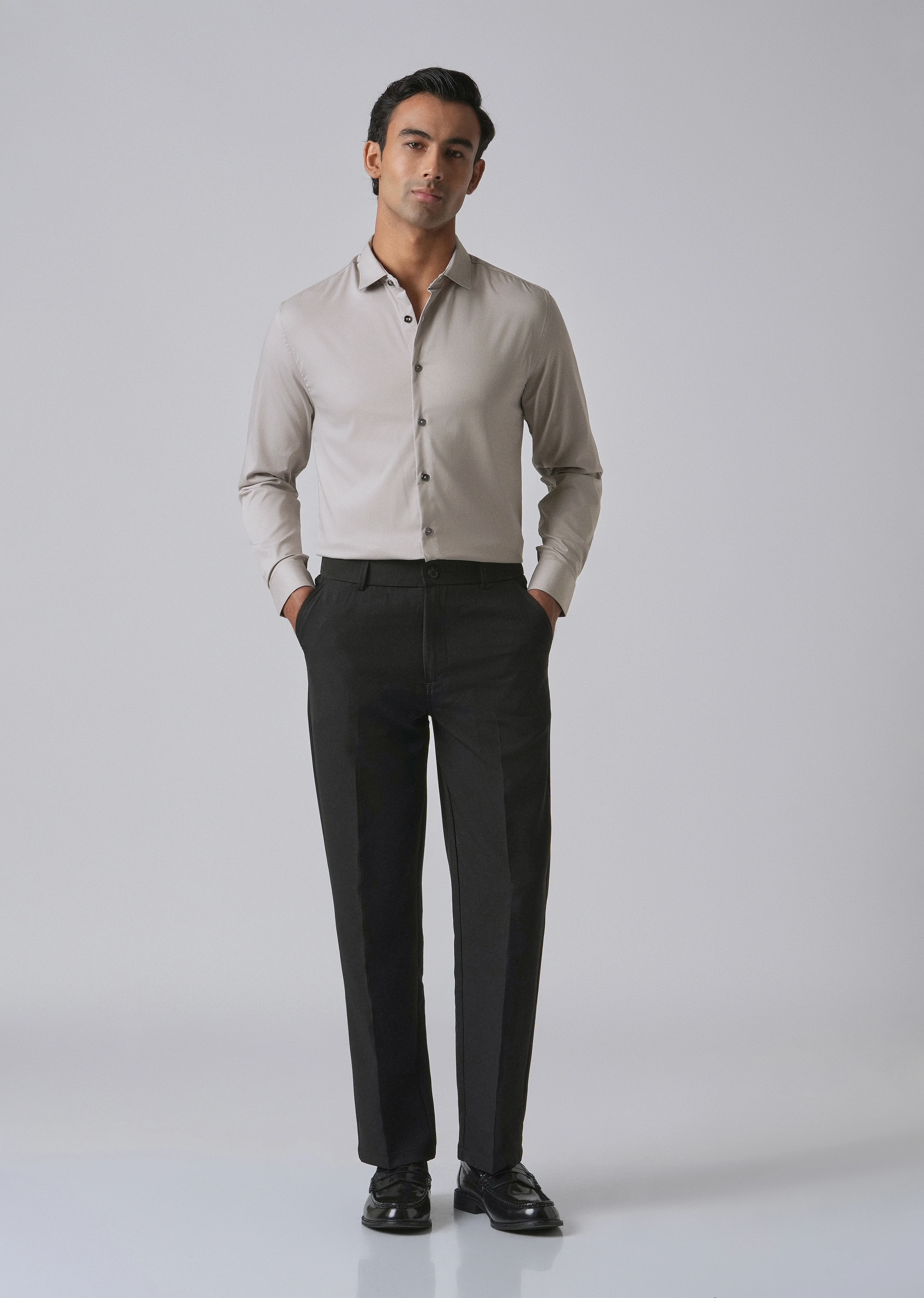Stone Grey Cotton Stretch Plain Shirt - Image 6