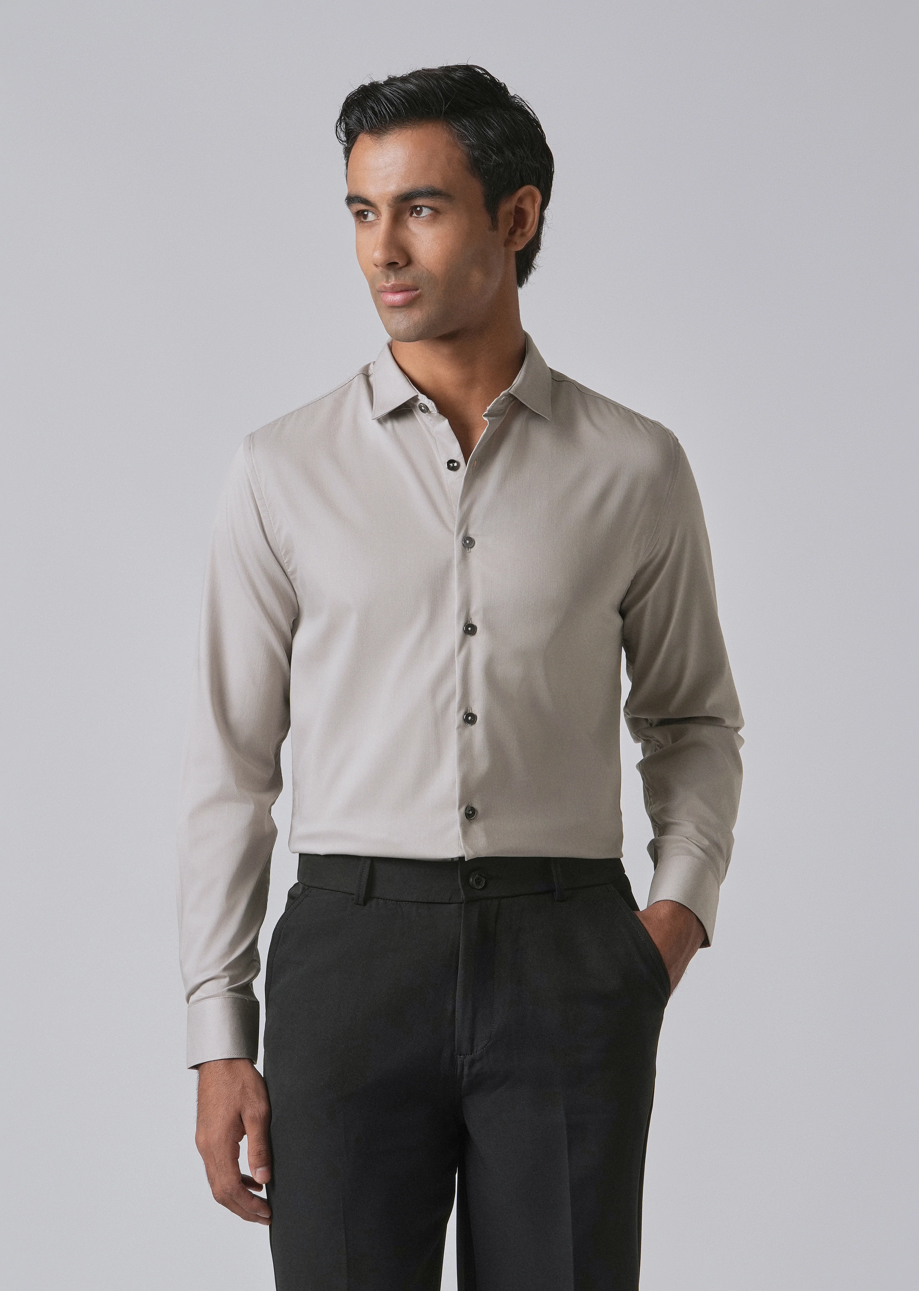 Stone Grey Cotton Stretch Plain Shirt - Image 7