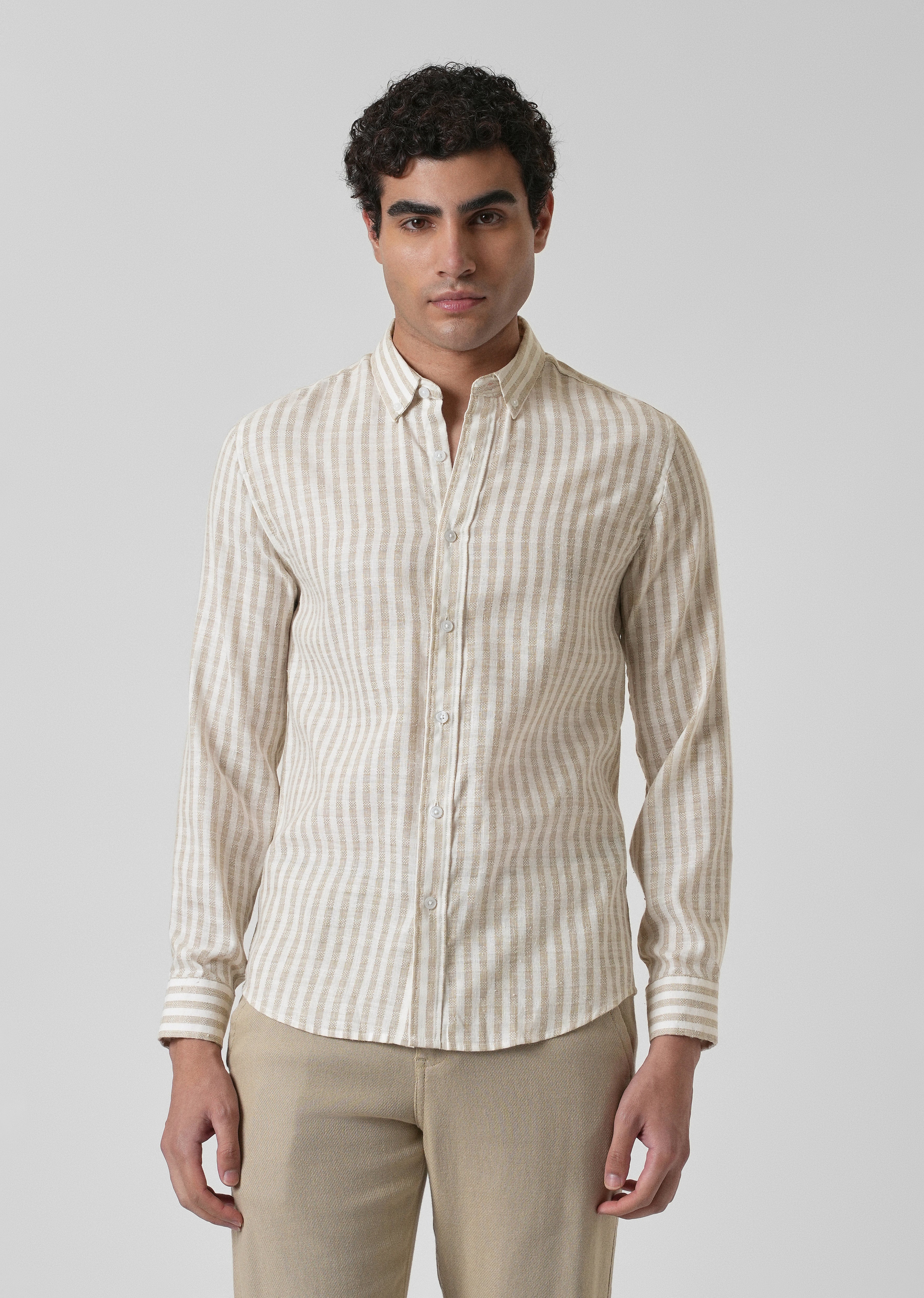 Striped Beige Blended Linen Shirt - Image 3