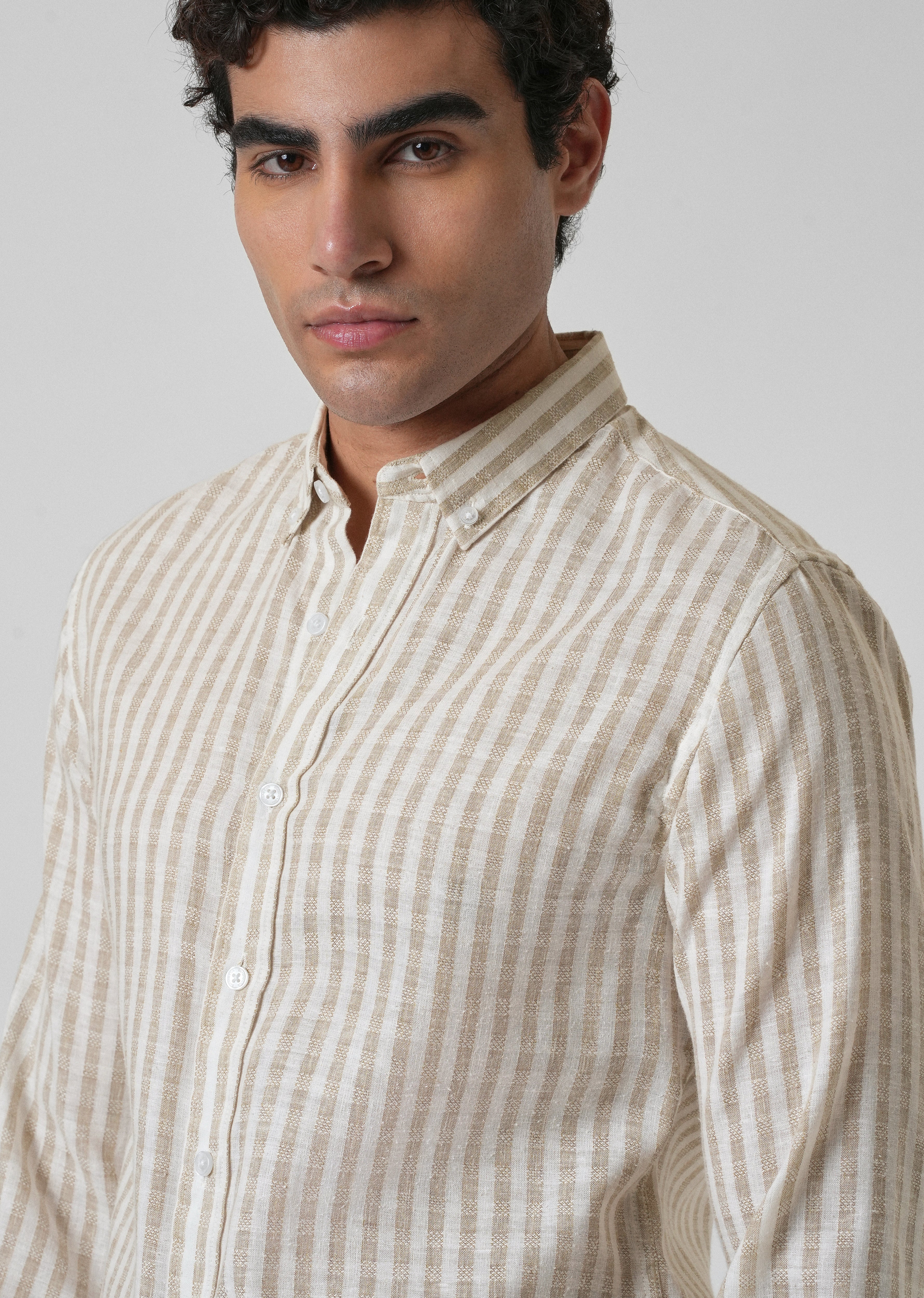 Striped Beige Blended Linen Shirt - Image 5