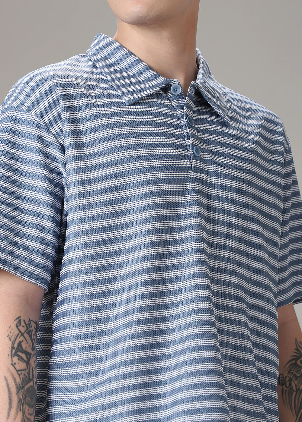 Striped Blue Oversized Polo  T-shirt - Image 2
