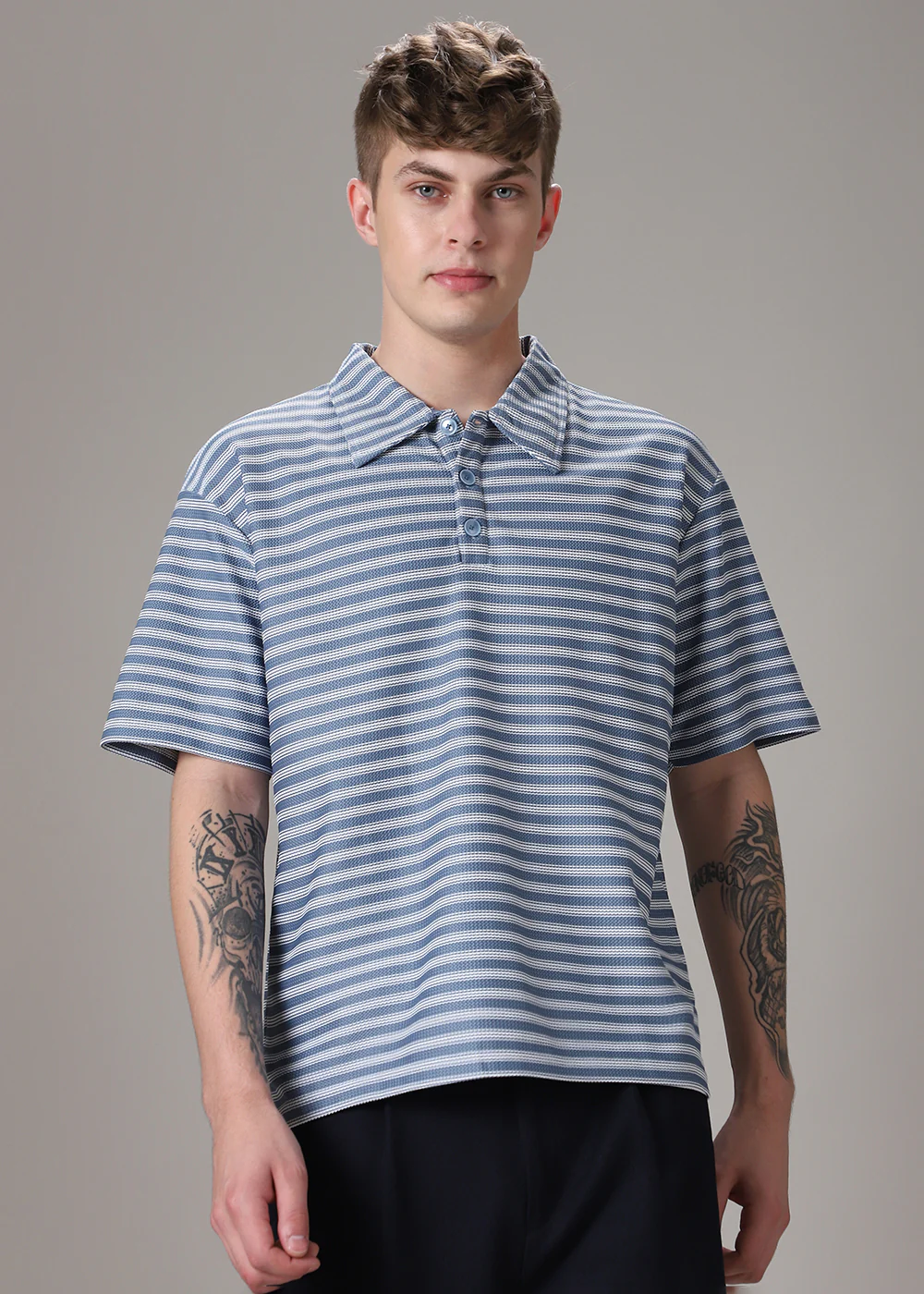 Striped Blue Oversized Polo  T-shirt - Image 3
