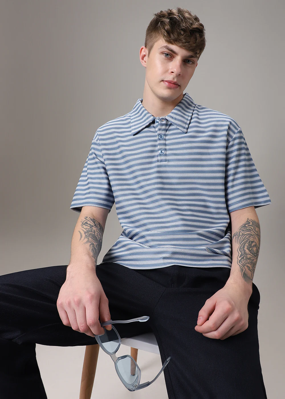 Striped Blue Oversized Polo  T-shirt - Image 6