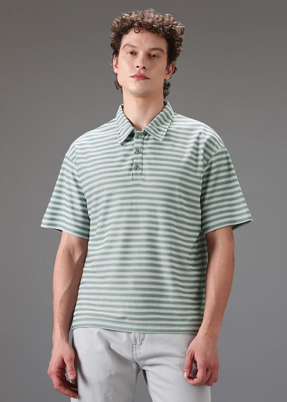 Striped Green Oversized Polo  T-shirt - Image 3