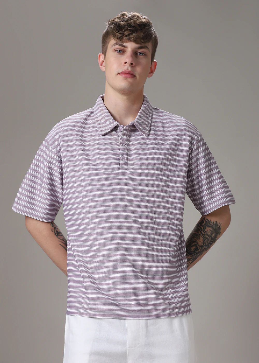 Striped Lavender Oversized Polo  T-shirt - Image 3
