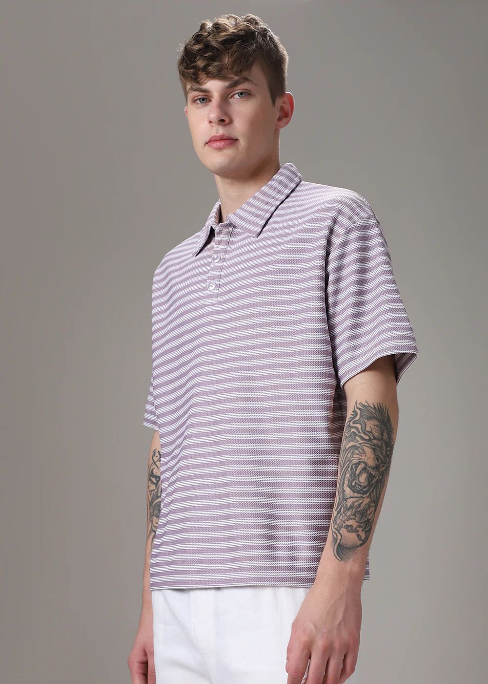 Striped Lavender Oversized Polo  T-shirt - Image 5