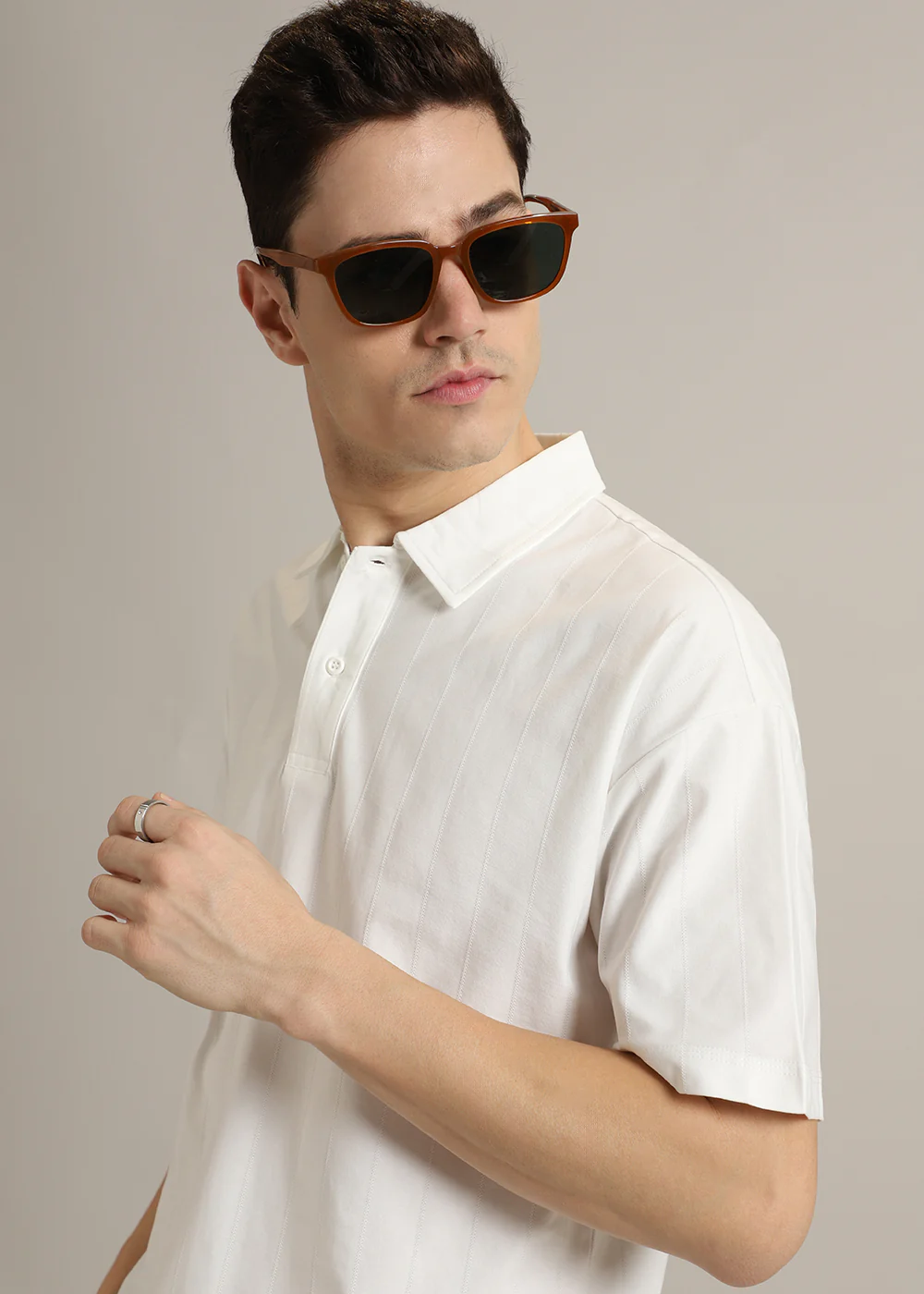Striped White Plain Polo T-Shirt - Image 3