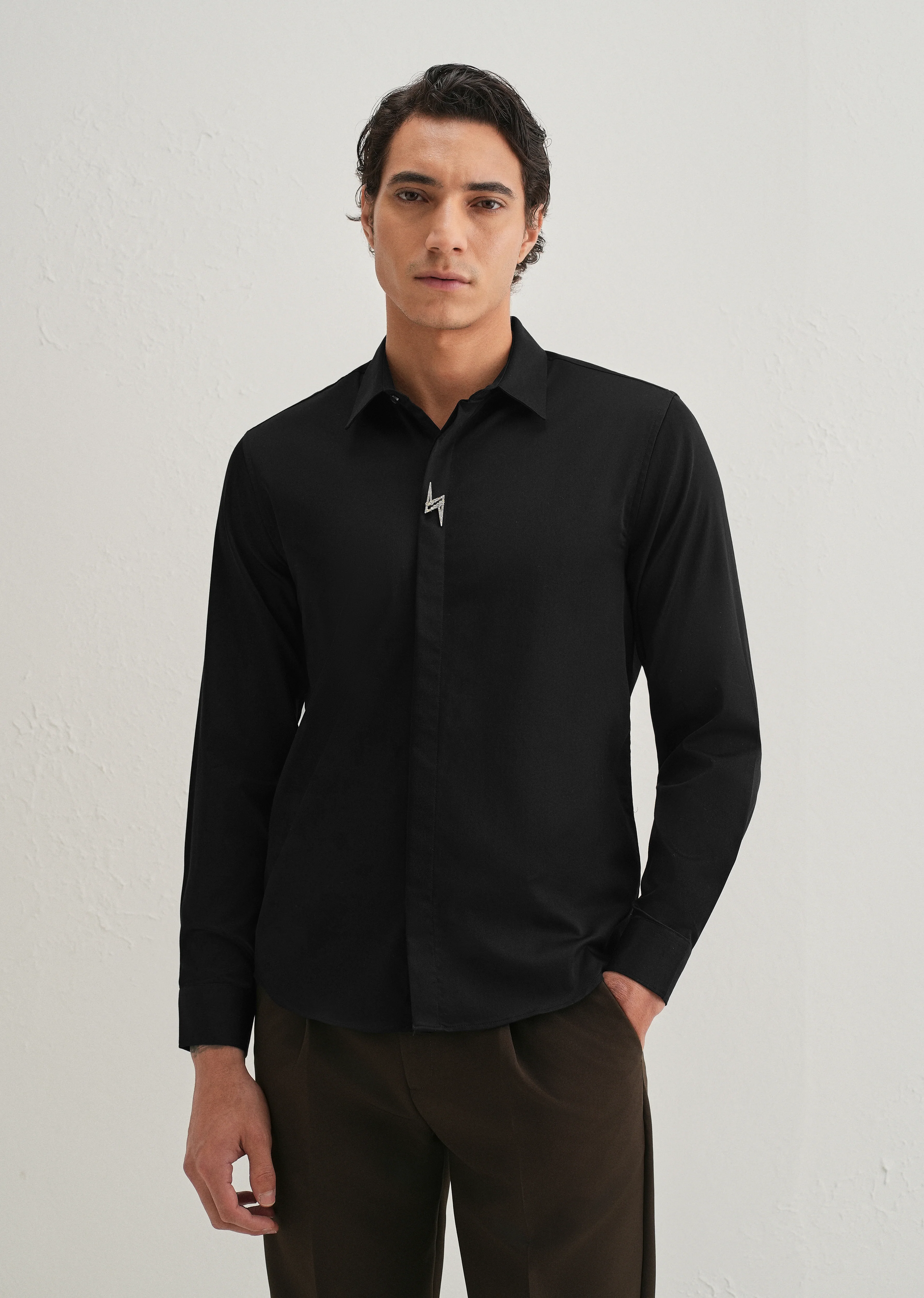 Studded Flash Brooch Black Designer Shirt - Image 3