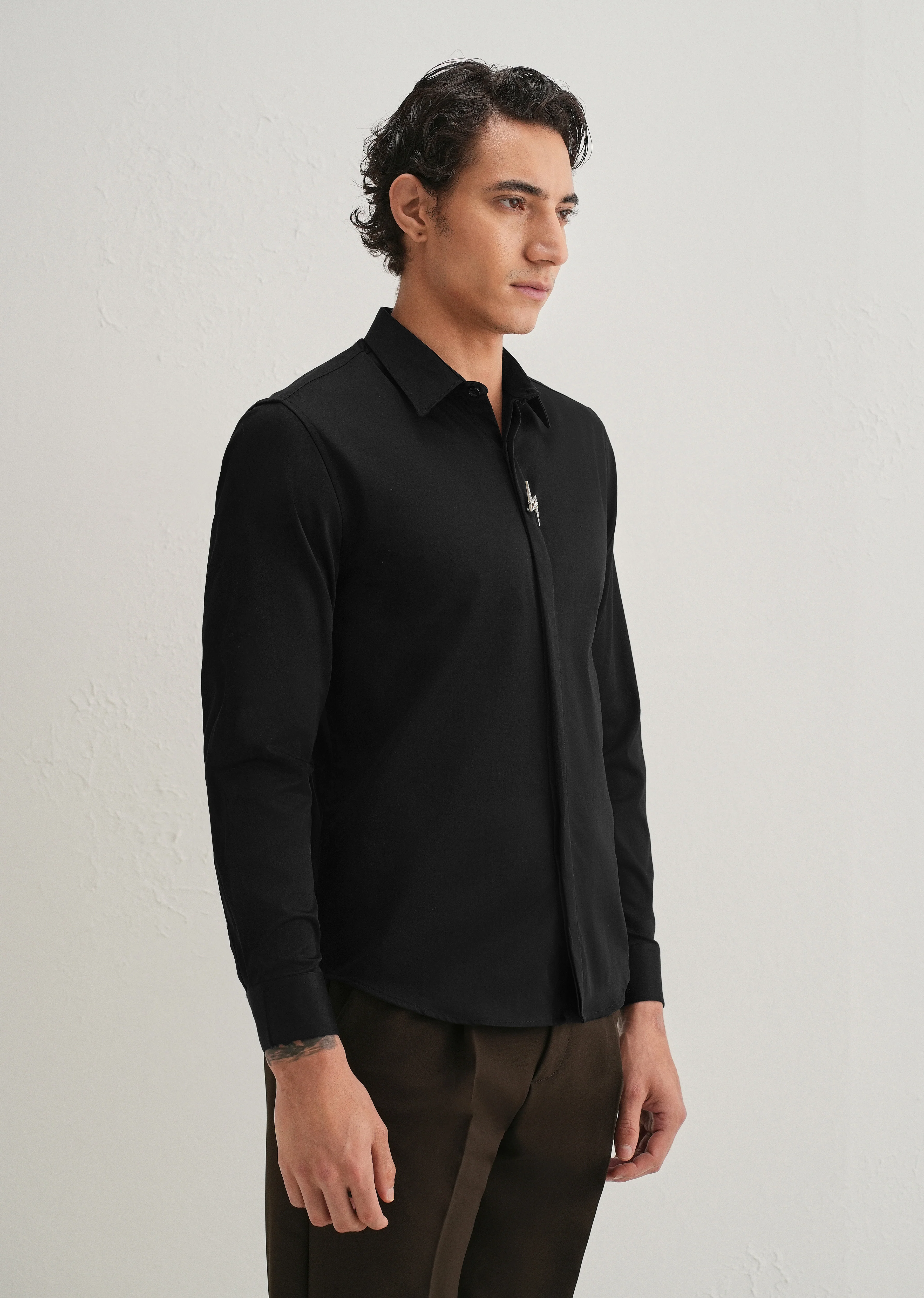 Studded Flash Brooch Black Designer Shirt - Image 4