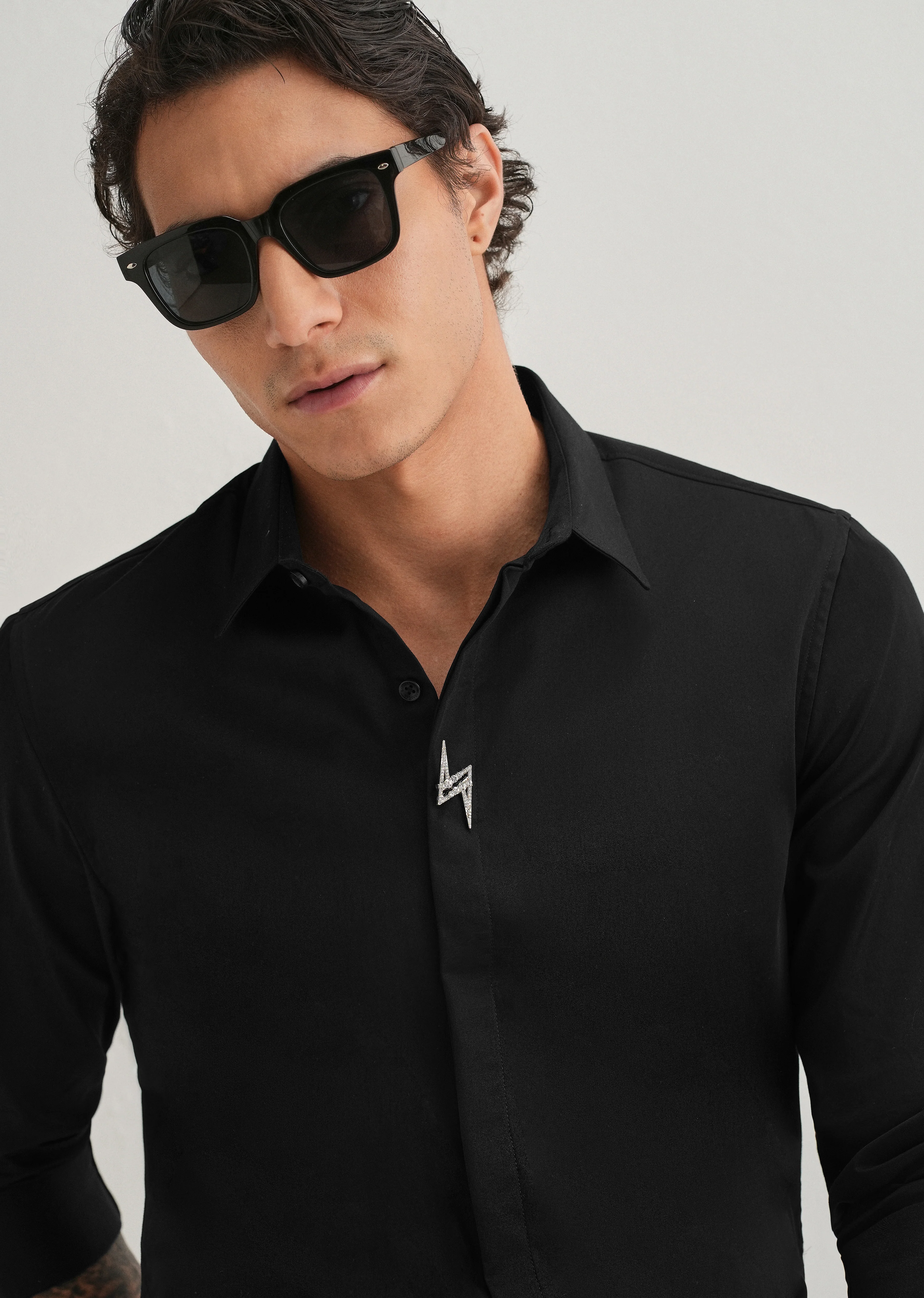 Studded Flash Brooch Black Designer Shirt - Image 7