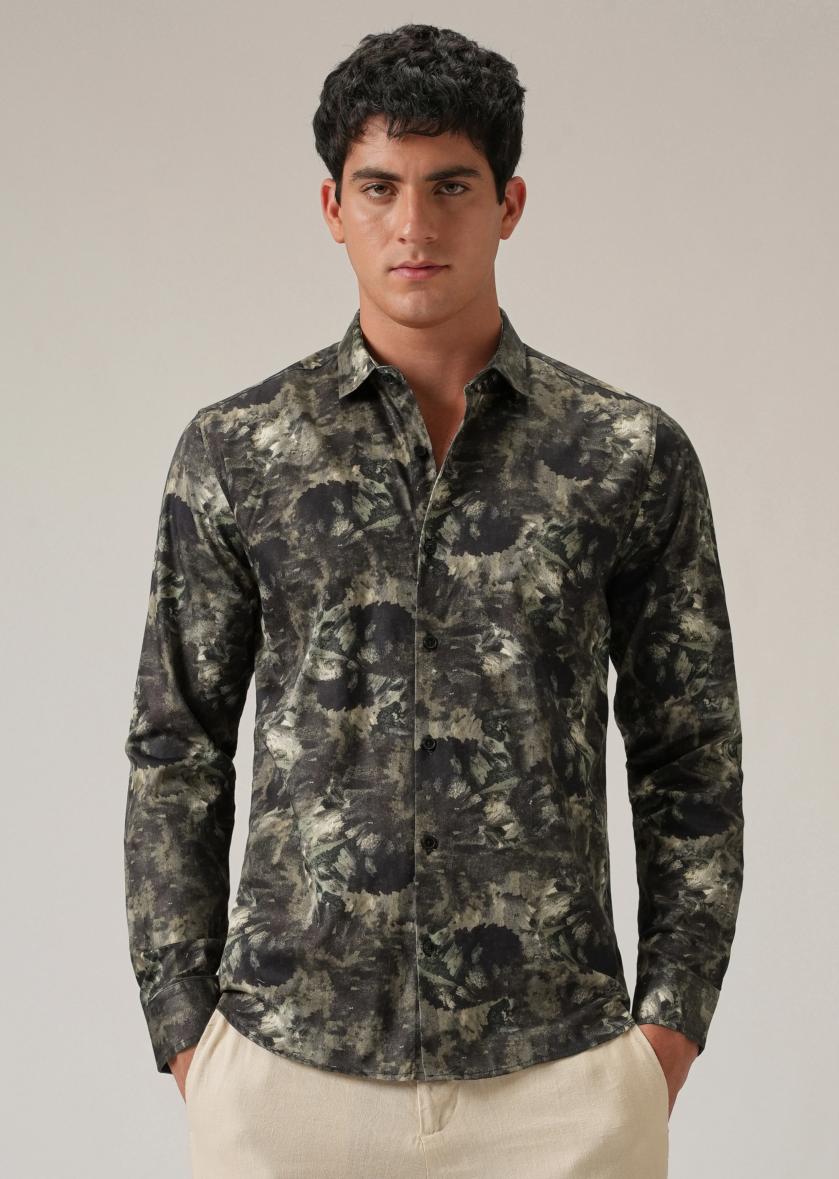 Tan Abstract Brush Print Shirt - Image 3