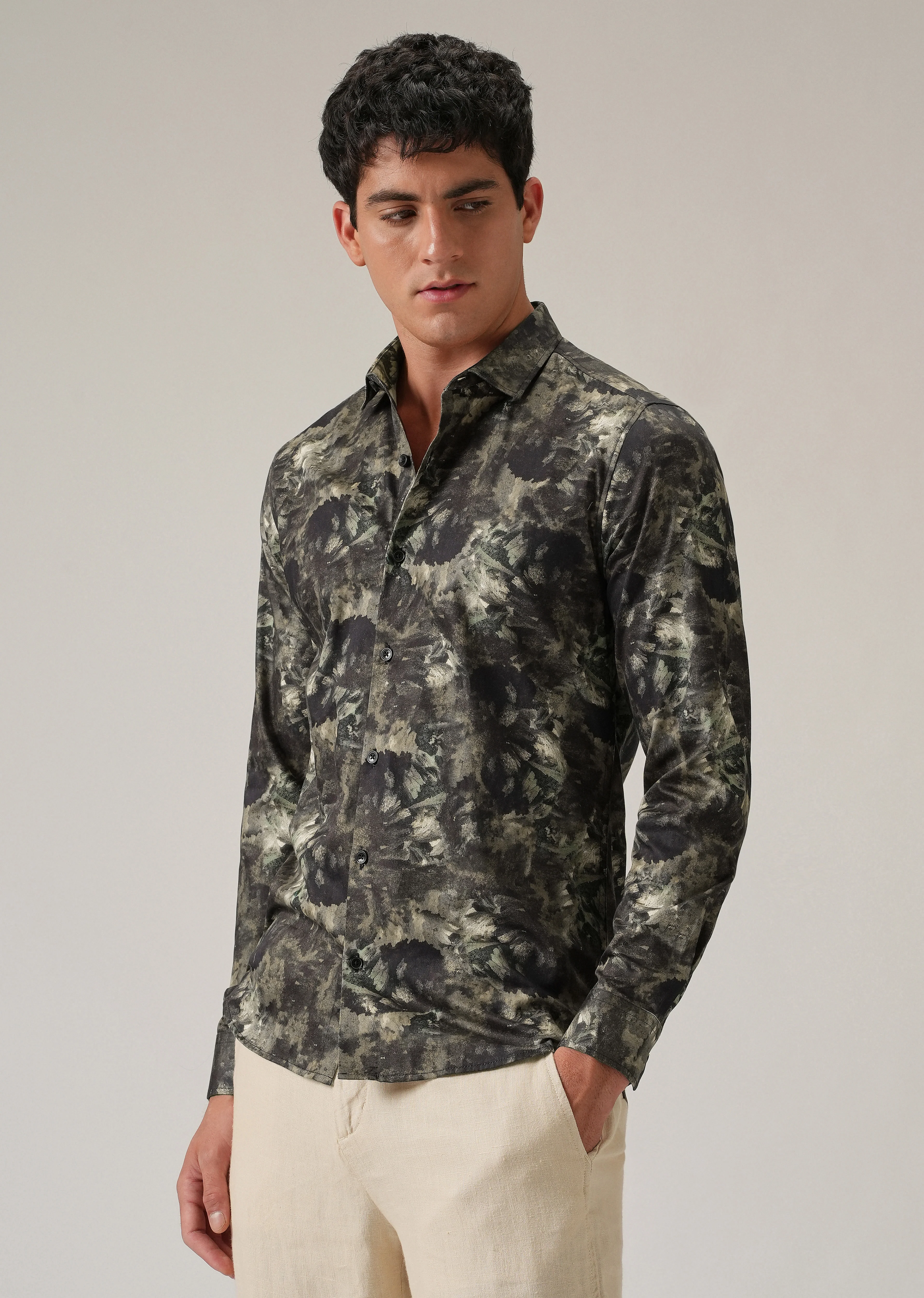Tan Abstract Brush Print Shirt - Image 4