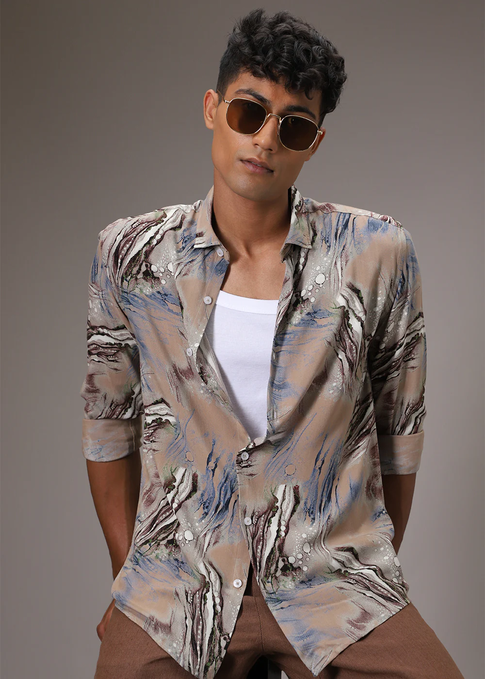 Tan Abstract Feather Shirt - Image 7