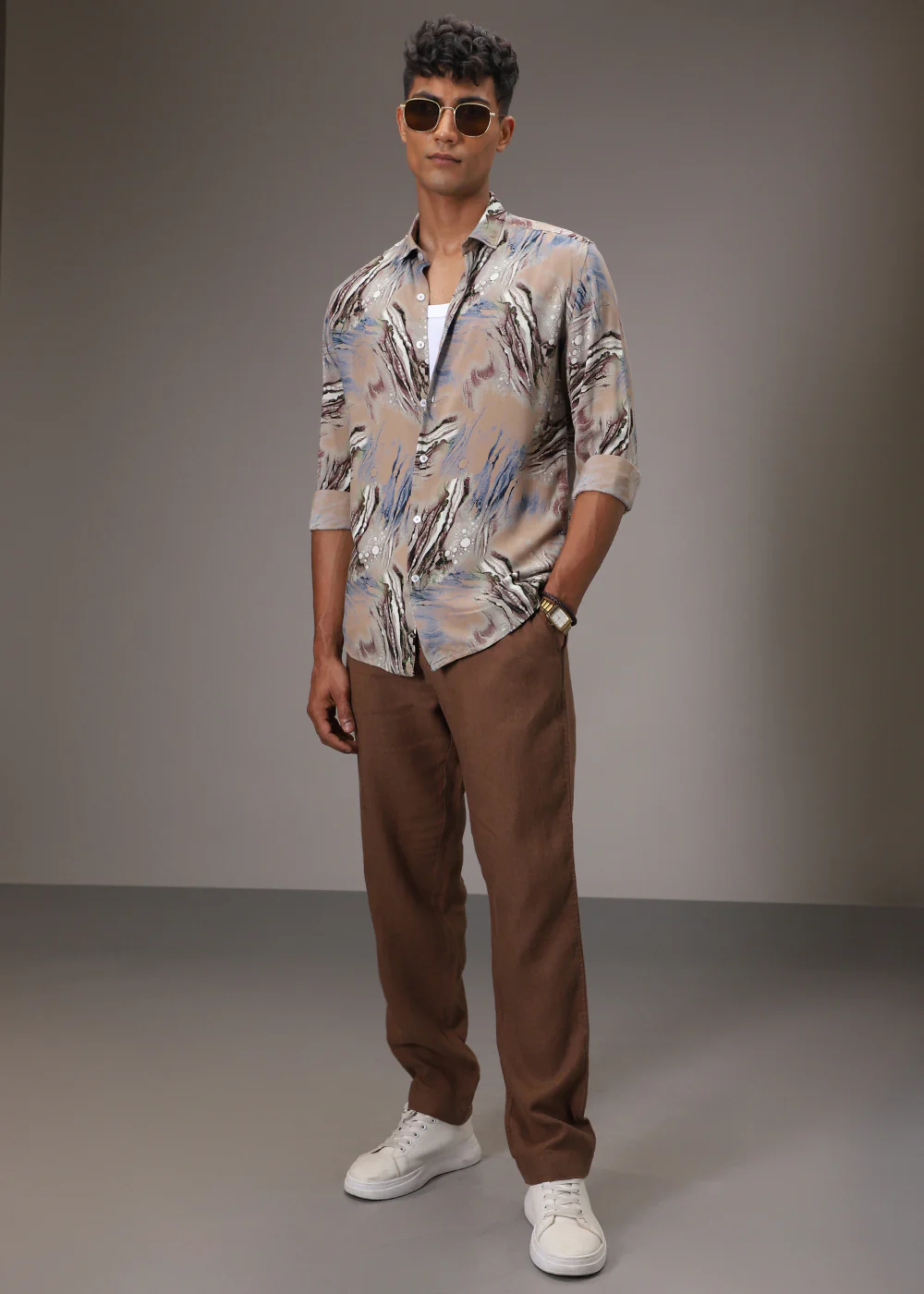 Tan Abstract Feather Shirt - Image 8