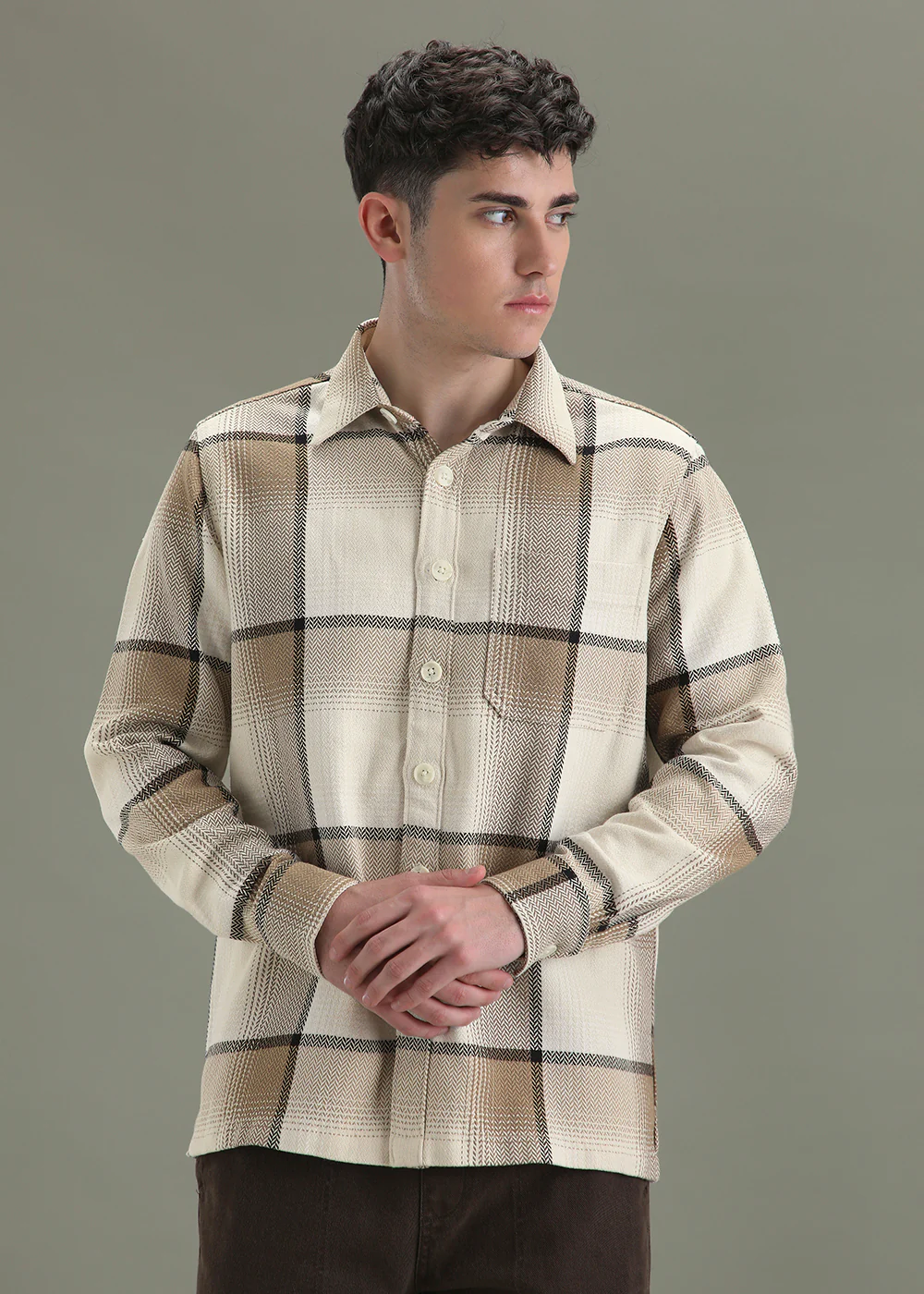 Tan Beige Checked Overshirt - Image 3