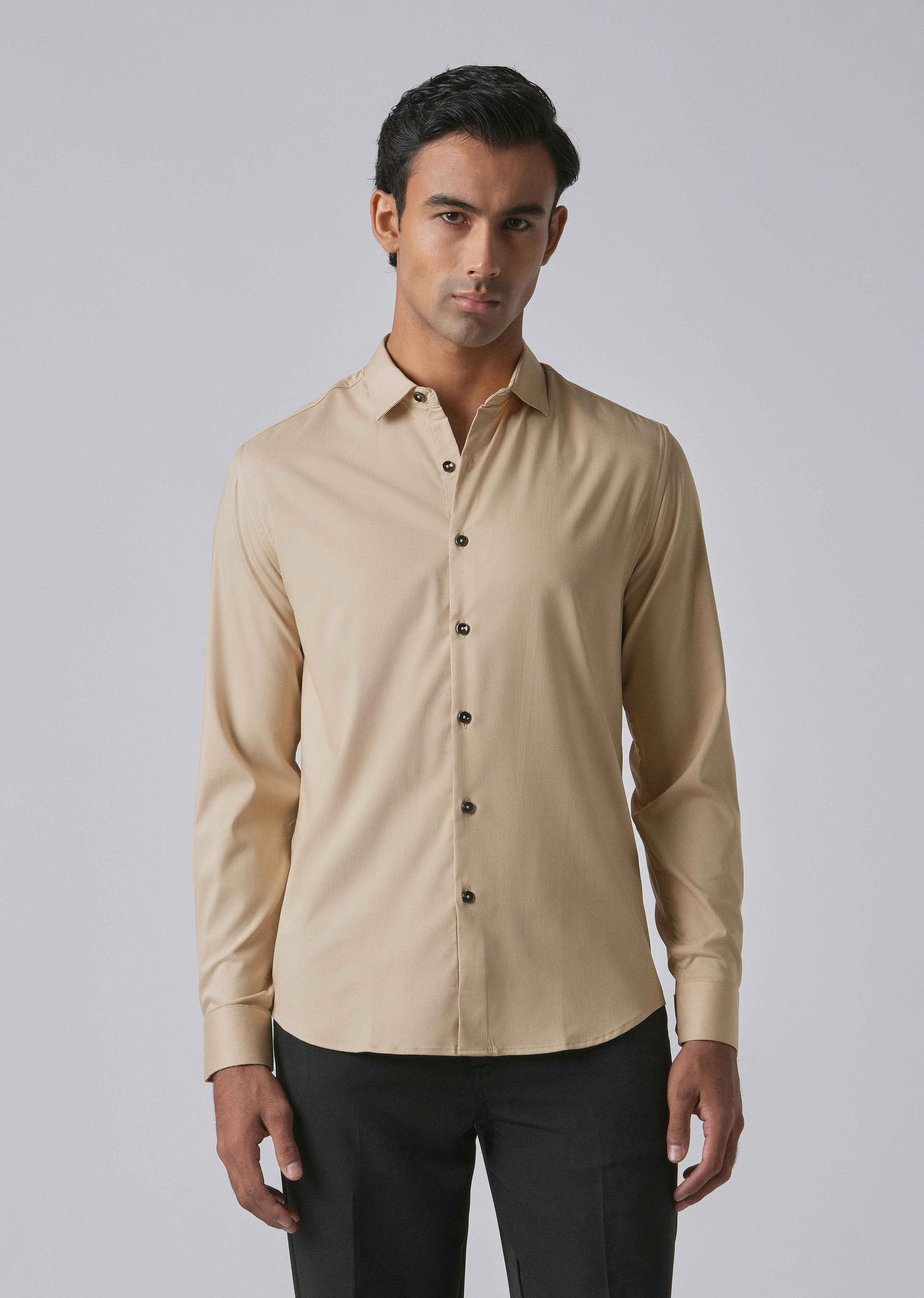 Tan Beige Cotton Stretch Plain Shirt - Image 3