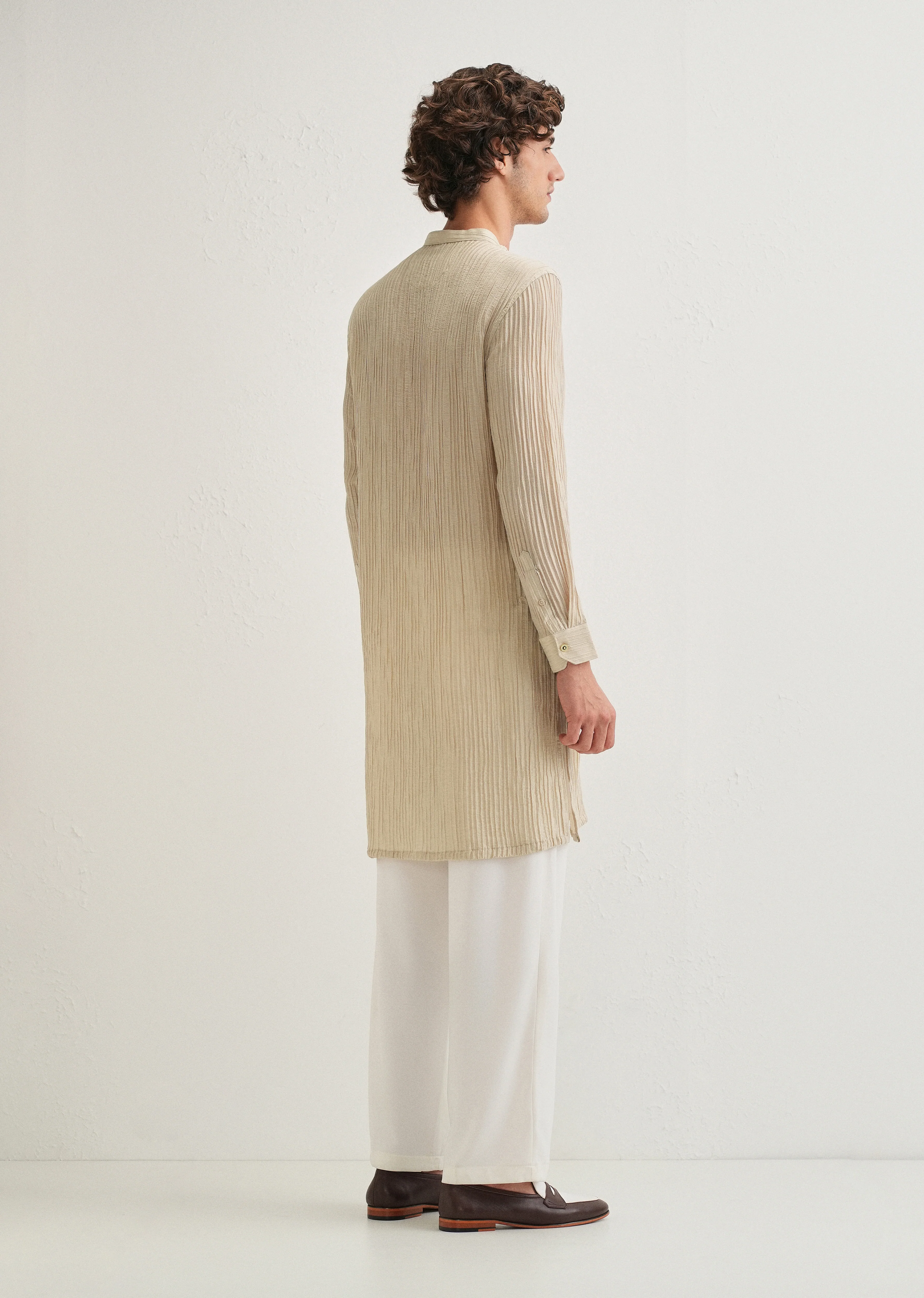 Tan Beige Crinkled Stripe Kurta - Image 3