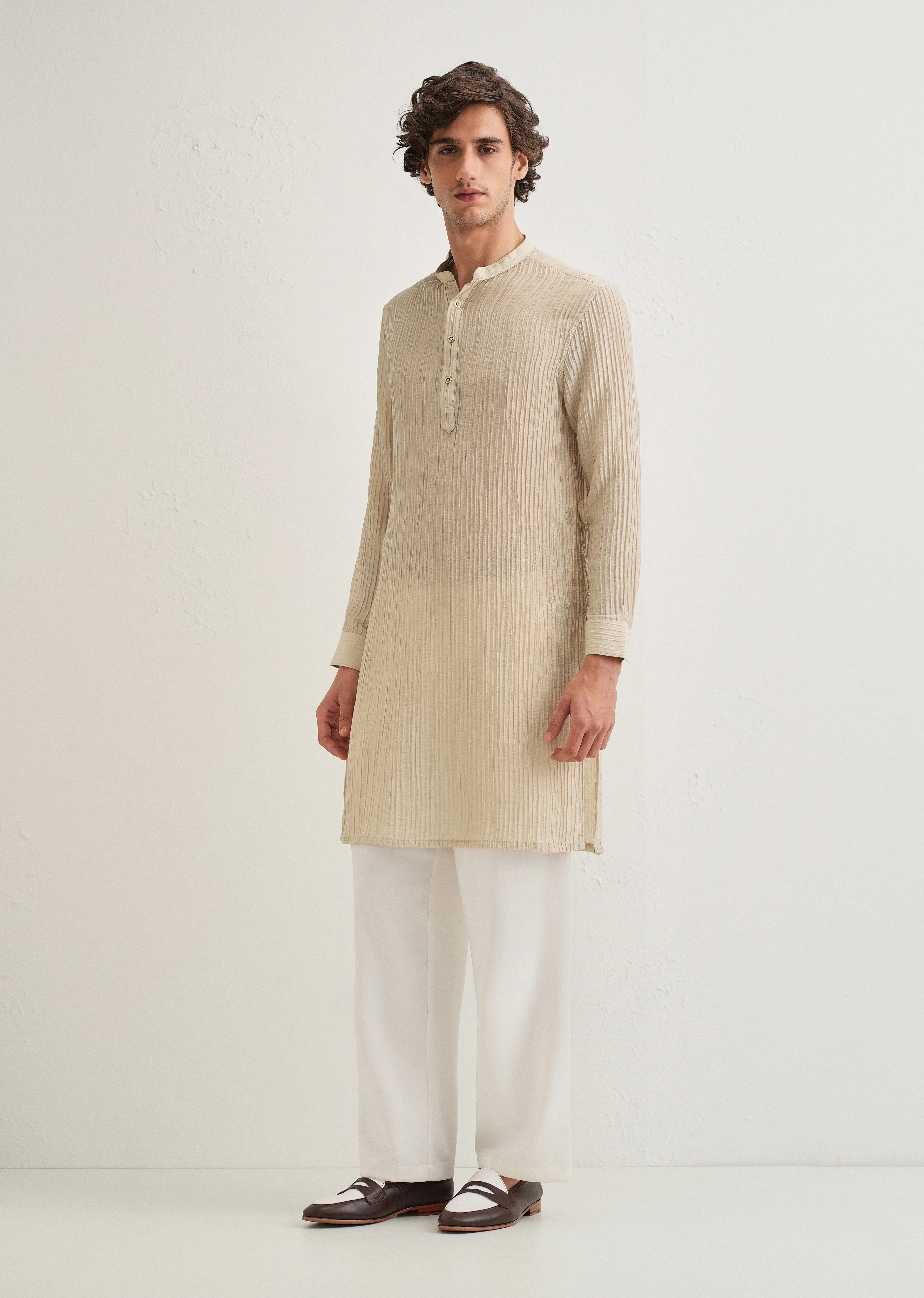 Tan Beige Crinkled Stripe Kurta - Image 5
