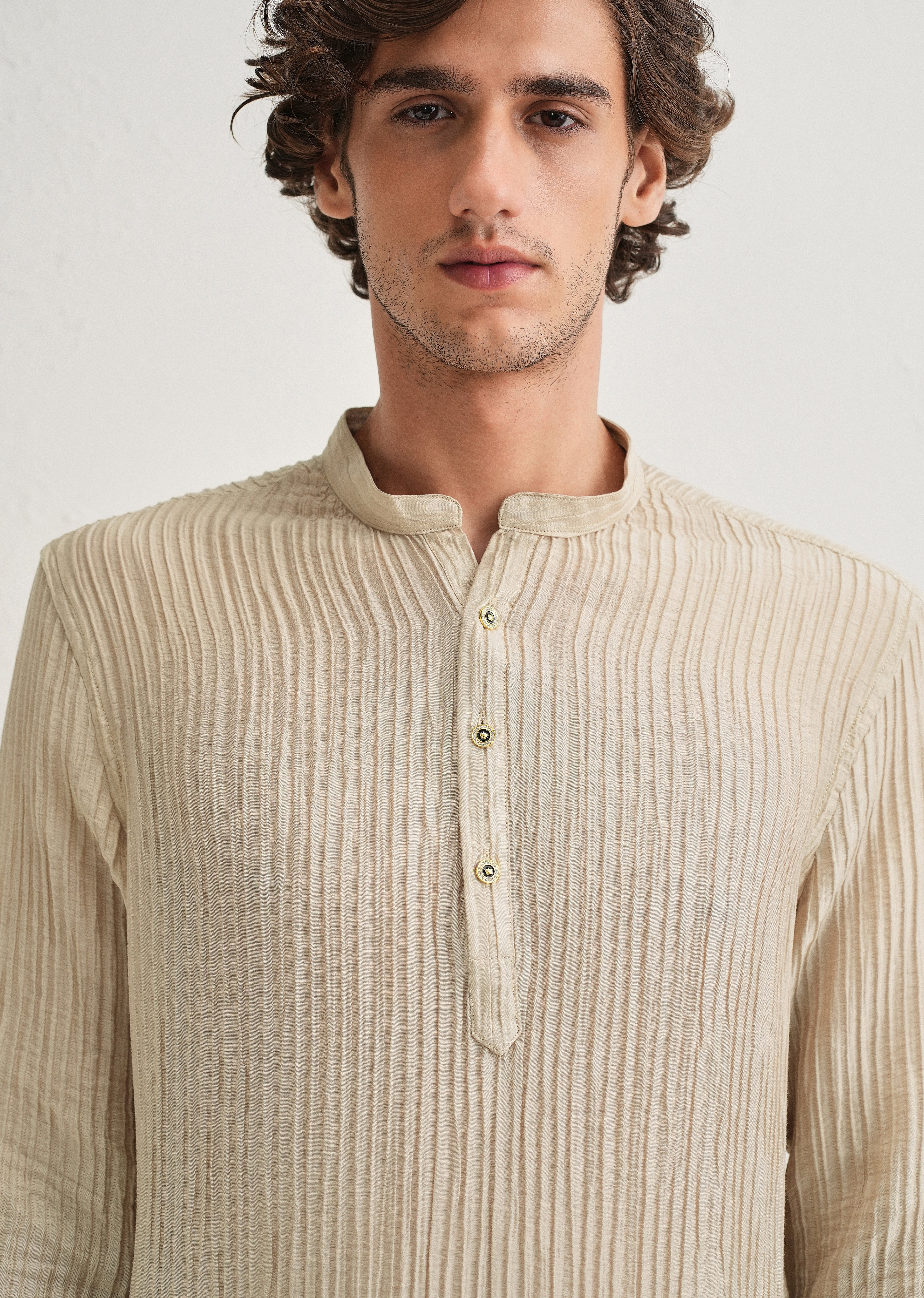 Tan Beige Crinkled Stripe Kurta - Image 6